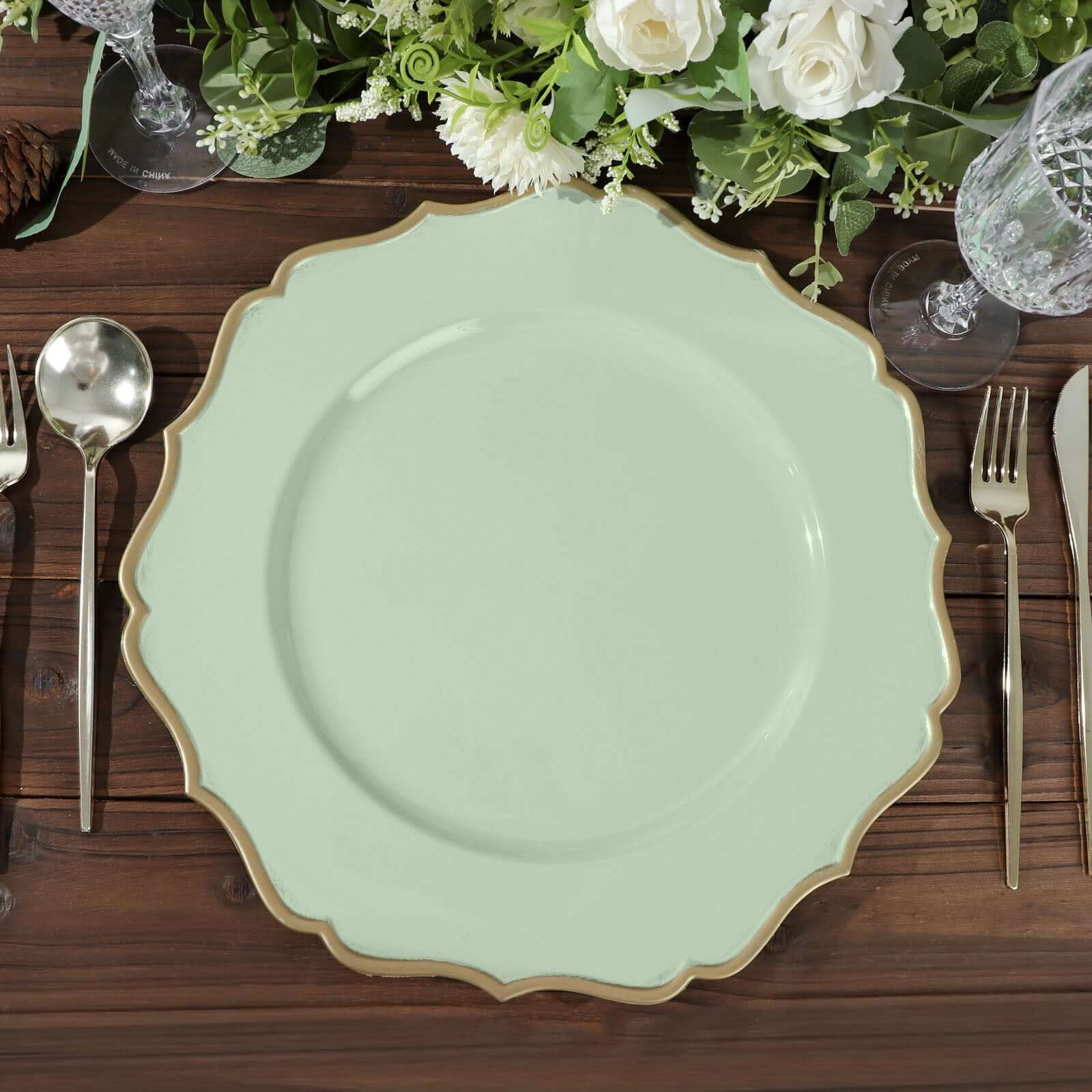 6-Pack Acrylic Round Charger Plates 13" in Sage Sage Green with Gold Scalloped Rim, Decorative Dinner Party Plastic Charger Tableware