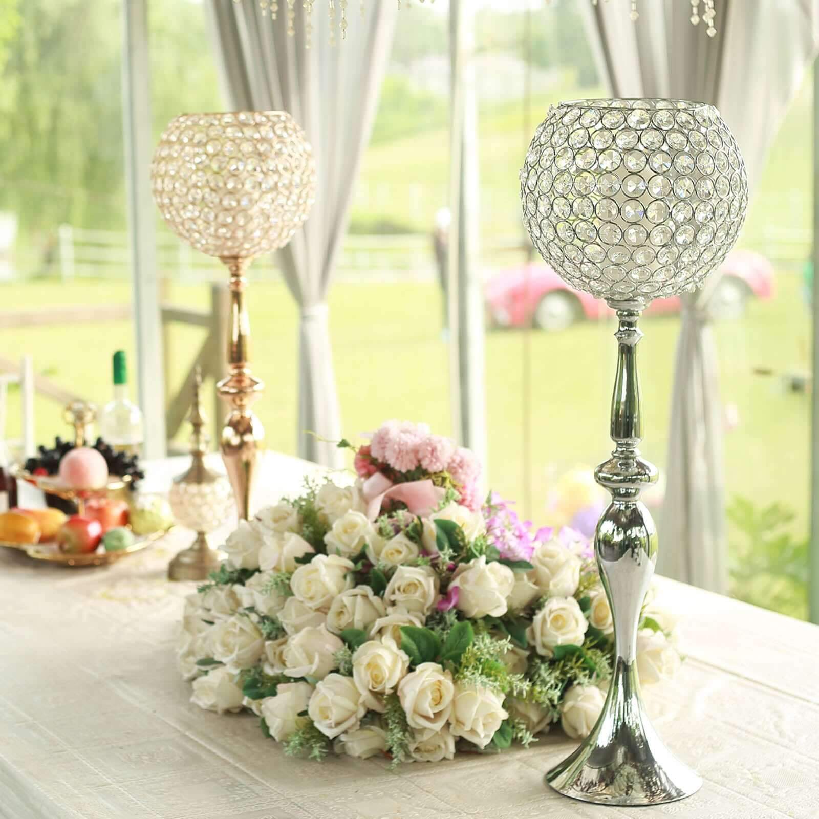 Acrylic Crystal Beaded Goblet Candle Holder Silver - Exquisite Flower Ball Centerpiece Stand for High-End Event Styling 30"