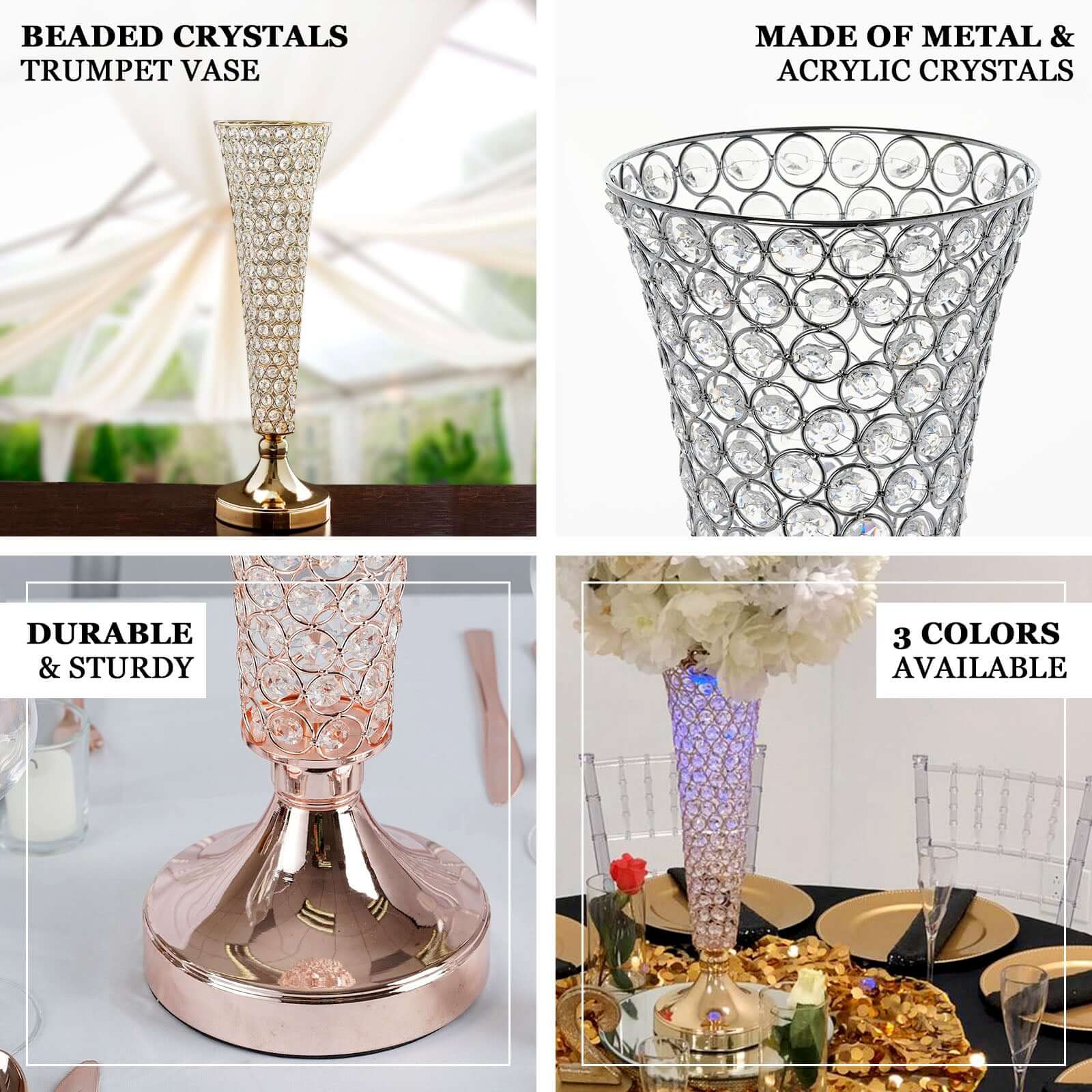 3-Pack Crystal Beaded Trumpet Vase Set Silver - Table Centerpiece for Stylish Decor 22"