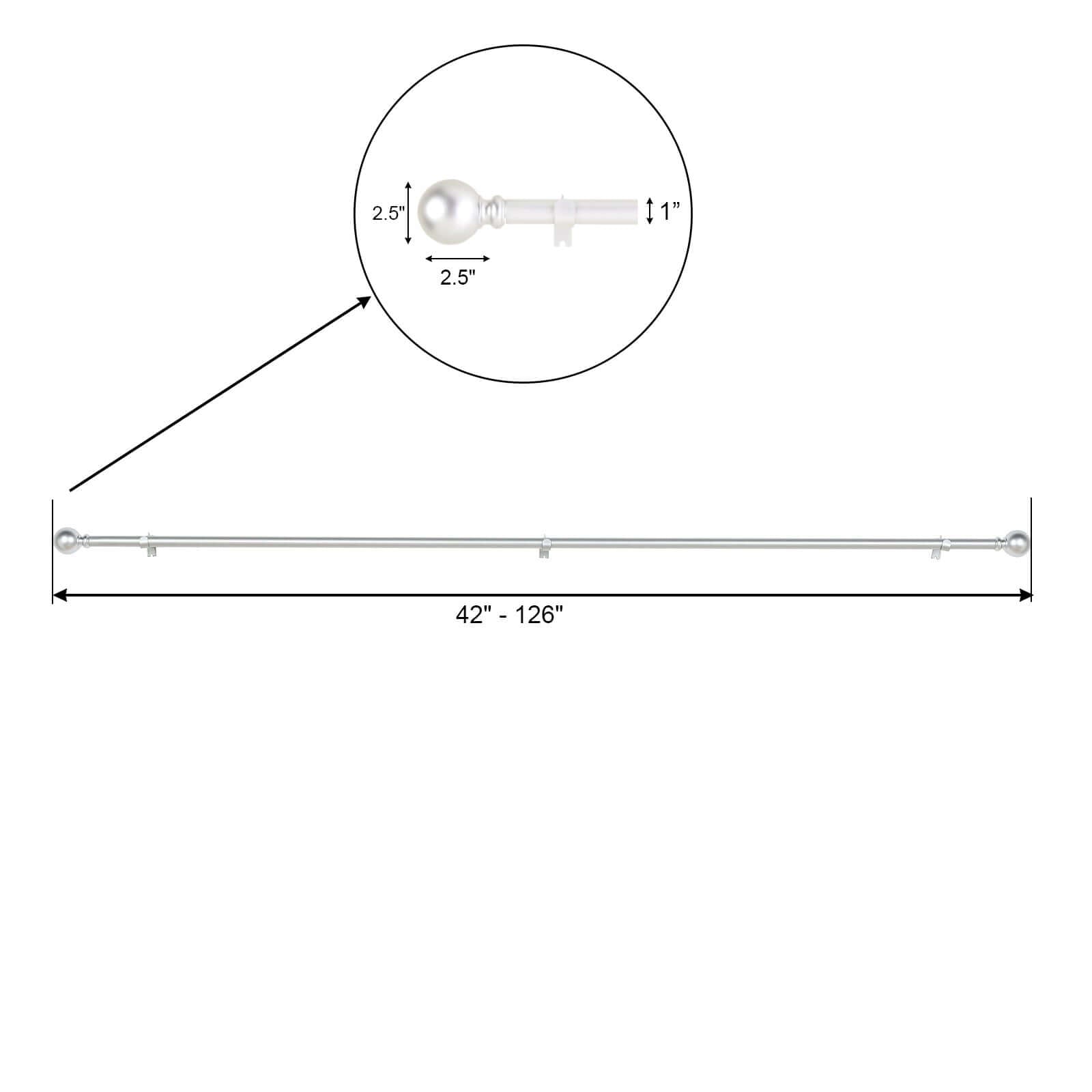 42"-126" Adjustable Curtain Rod Set, Silver, Round Finials