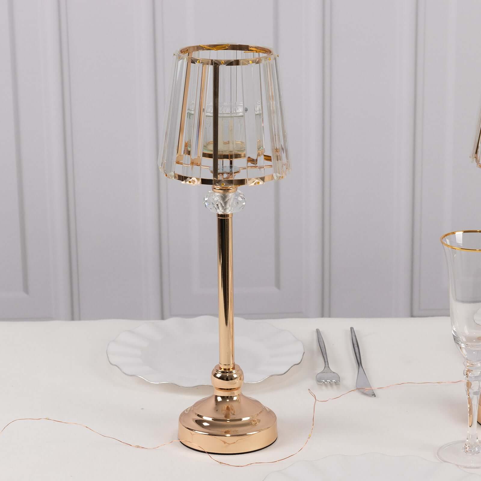 2-Pack 15" Crystal Pendant Candle Holders - Classic Empire Lamp Shade Style in Gold, Votive Candle Stand For Table Centerpieces