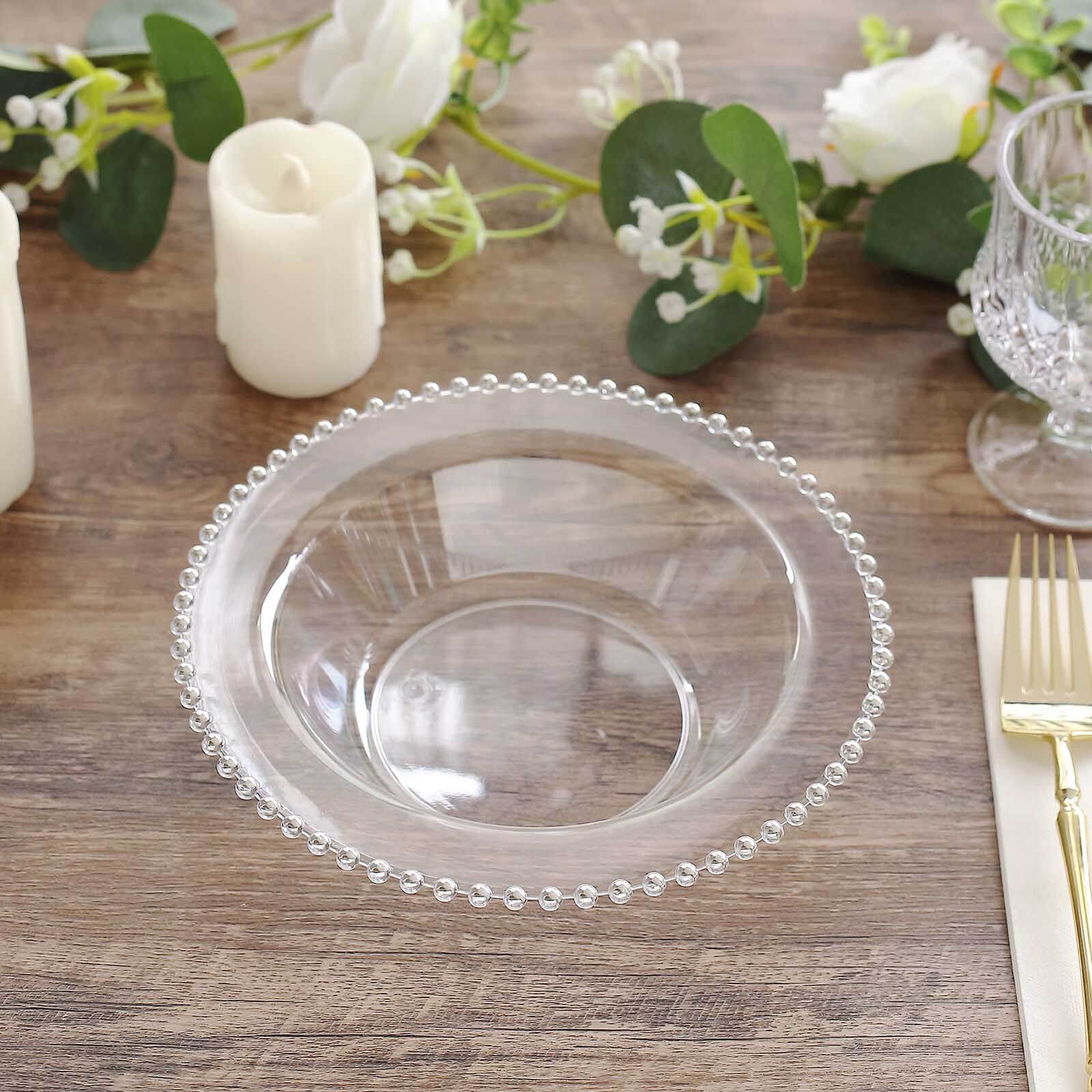 10-Pack Plastic Dessert Salad Bowls Clear Round Design with Silver Beaded Rim - Disposable Soup Bowls 12oz
