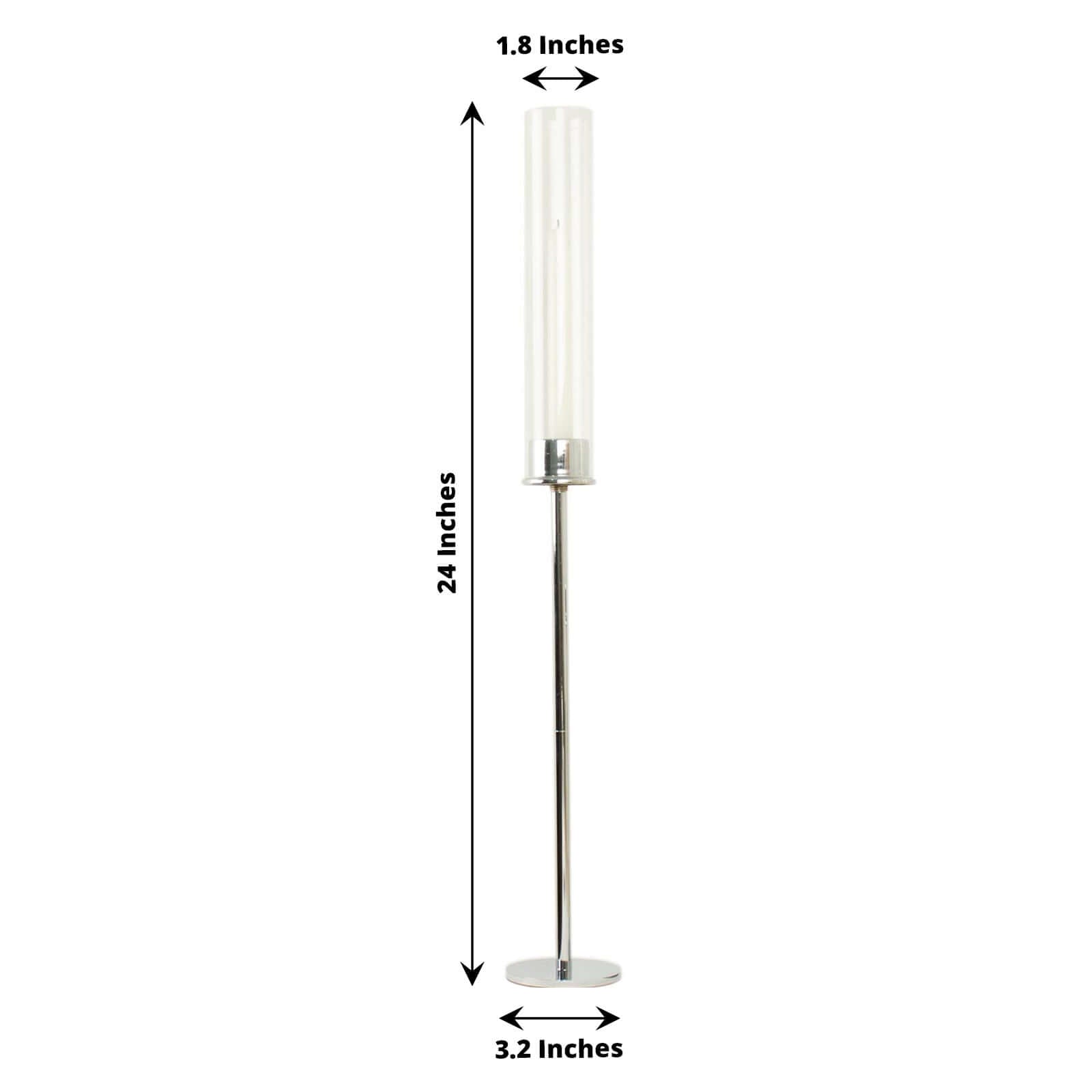 2-Pack Silver Metal Taper Candlestick Holders, Clear Glass Hurricane Candle Stands With Chimney Candle Shades 24"