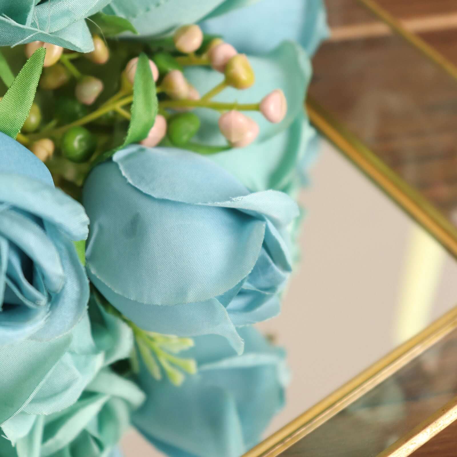 3 Pack 13" Dusty Blue Real Touch Silk Rose Bud Flower Bridal Bouquets, Artificial Floral Bush Arrangements