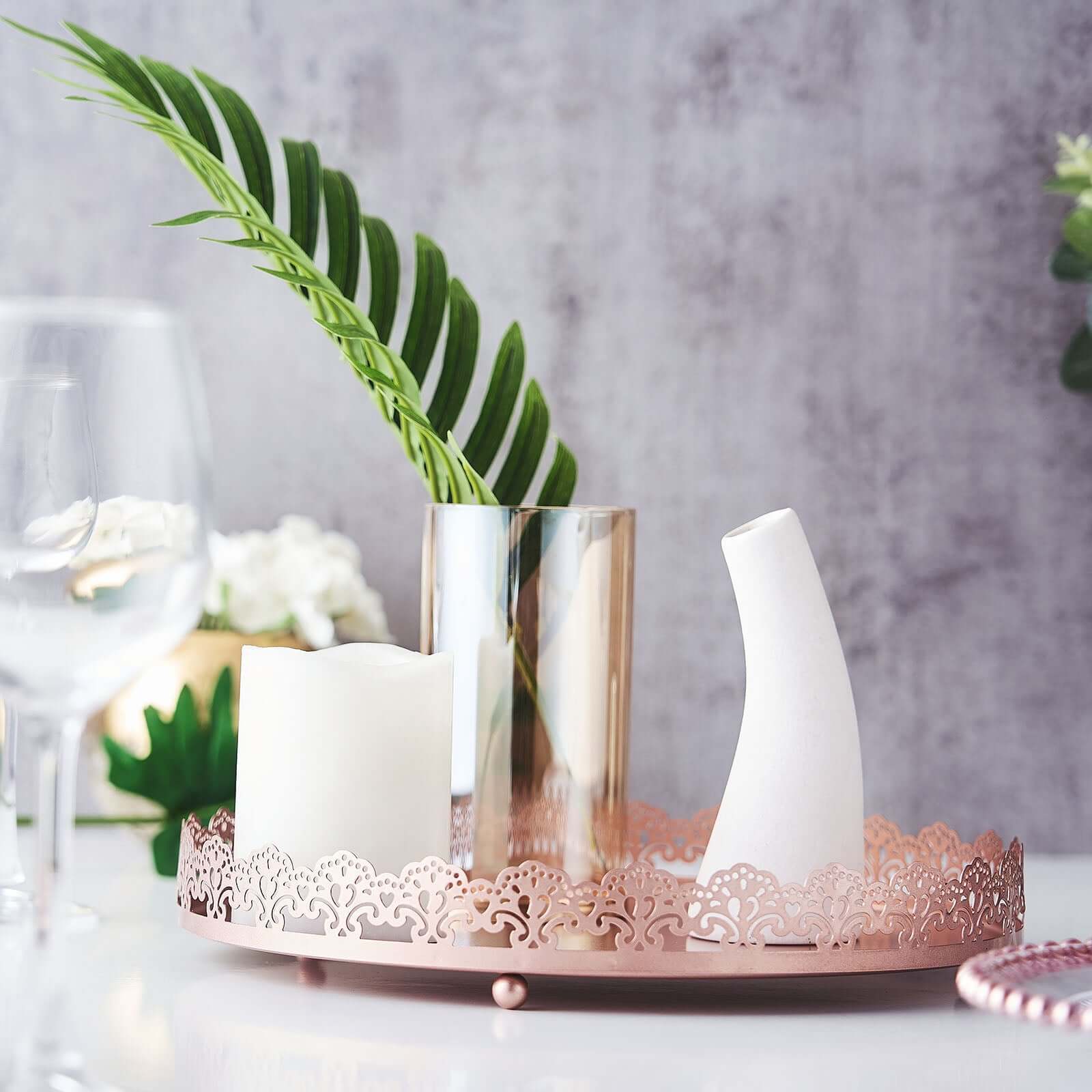 Metal Round Serving Tray 12" in Rose Gold with Embellished Rims, Stylish Decorative Vanity Tray Centerpiece