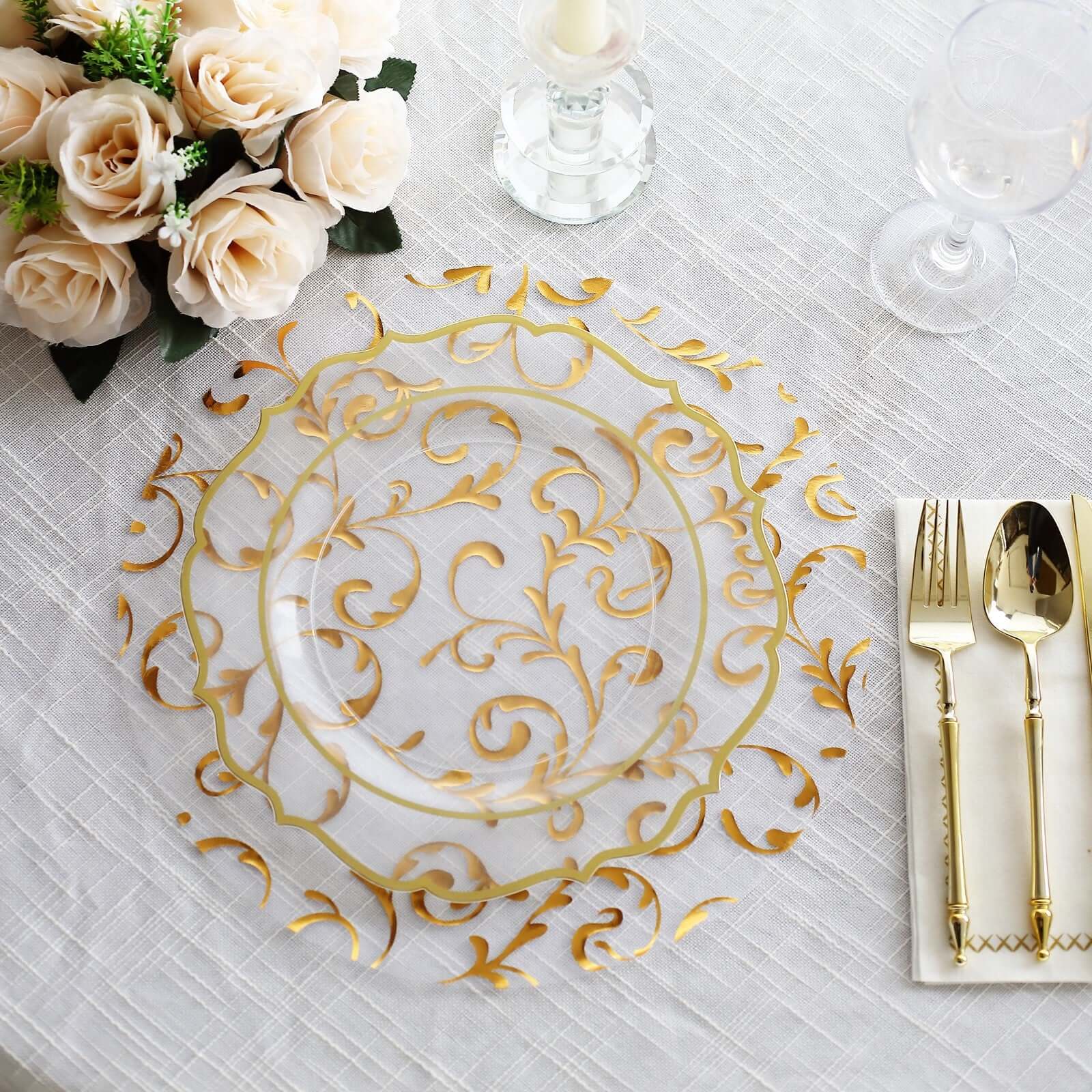 10-Pack Table Placemats Embossed Foil Flower Design Metallic Gold Round - Sheer Organza Disposable Mats 13"