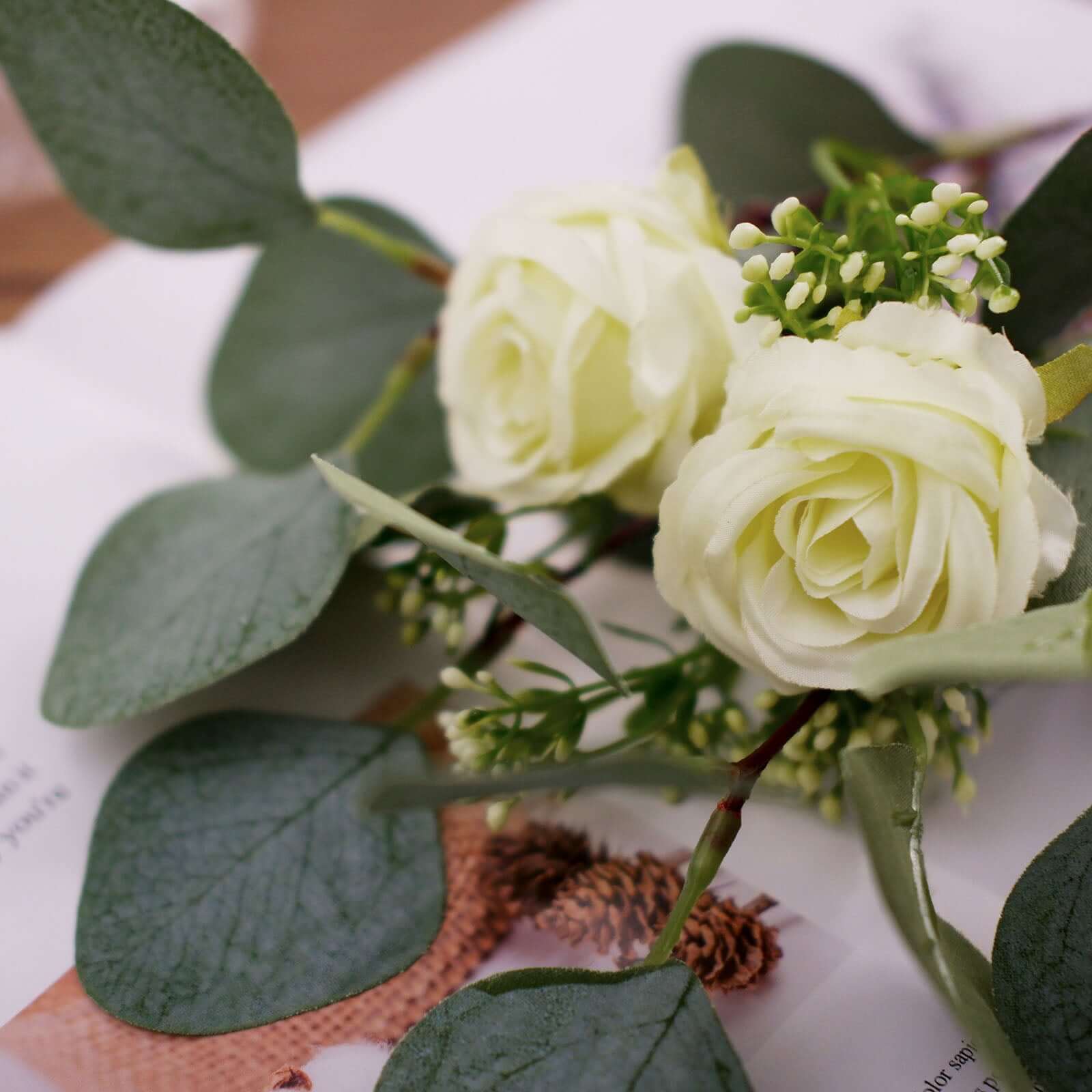 15" Ivory Artificial Silk Rose and Eucalyptus Flower Bouquet Arrangement
