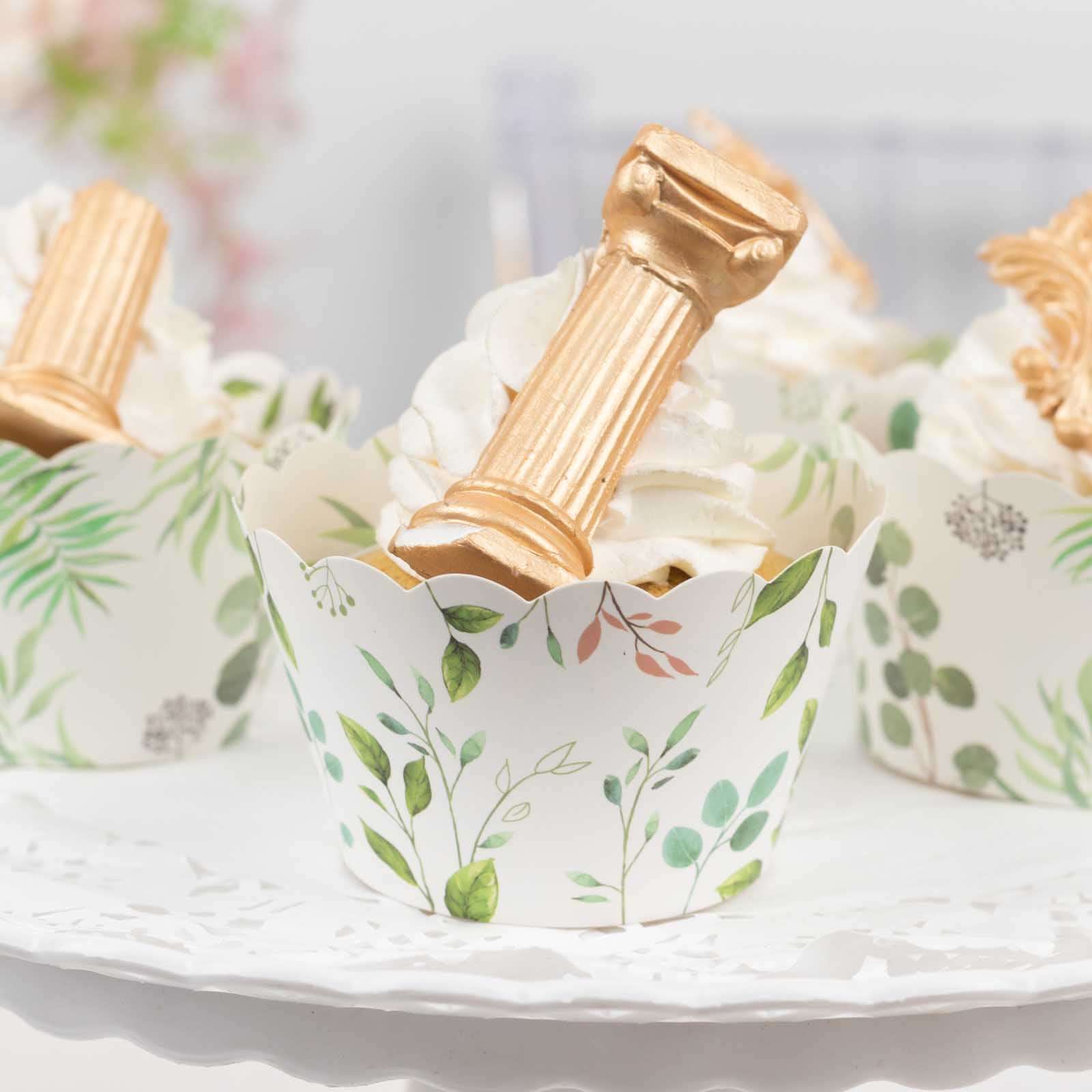 25-Pack Paper Cupcake Wrappers Eucalyptus Leaves Print White Green - Round Muffin Truffle Cup Liners 3"