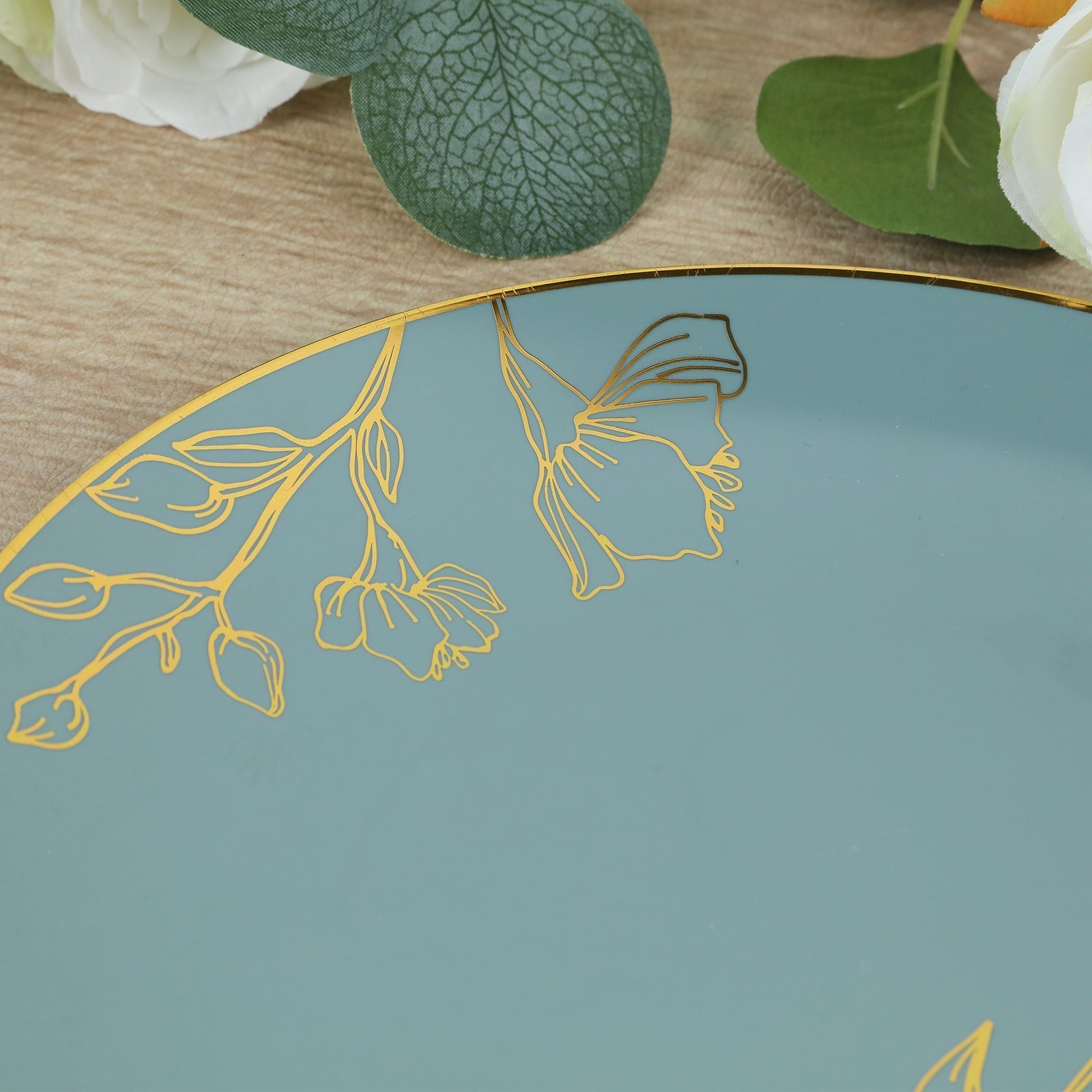 Set of 20 Dusty Blue Plastic Dinner Dessert Plates With Metallic Gold Floral Design, Disposable Round Party Plates - 8",10"
