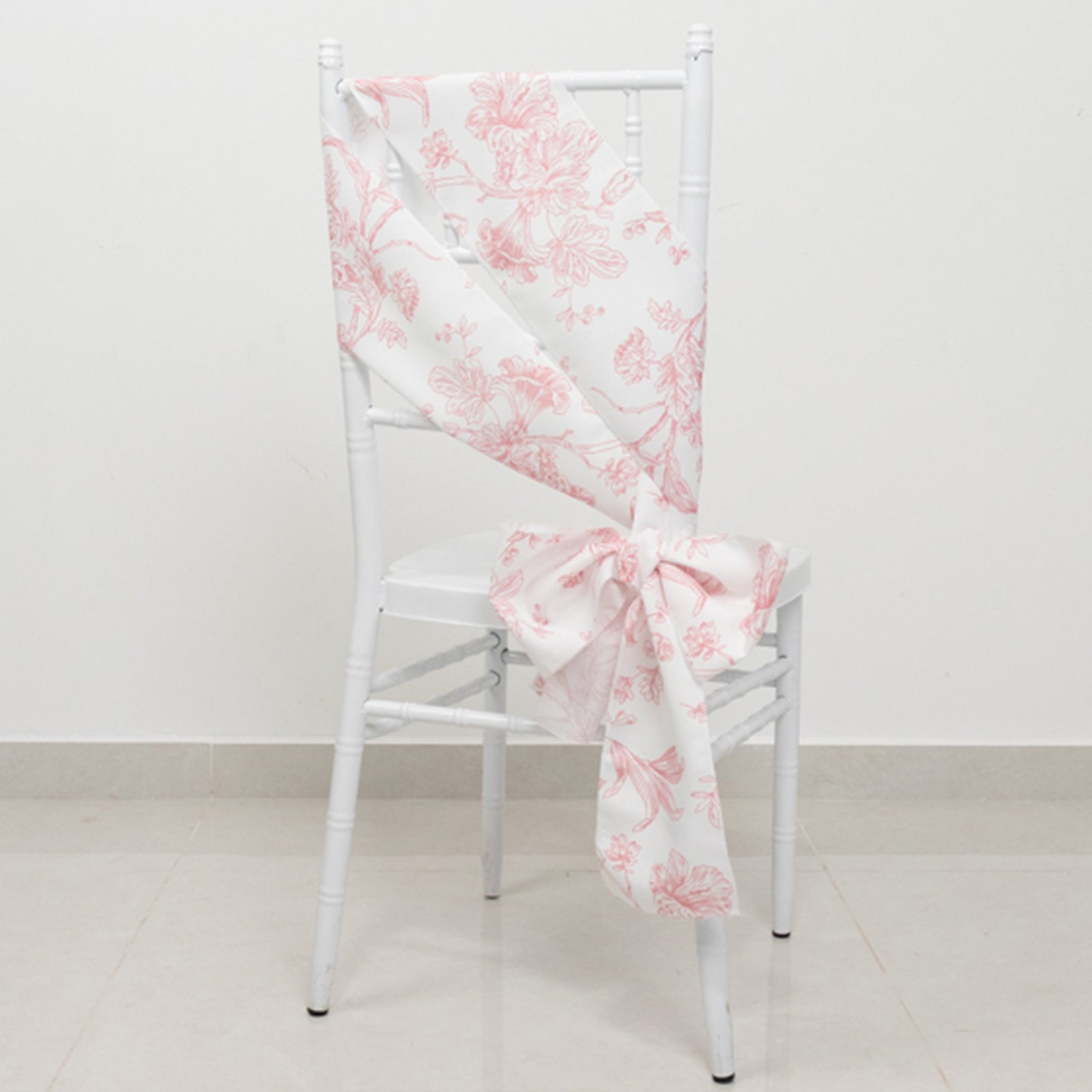 Polyester Chair Sashes White/Pink French Toile Floral Design - Wrinkle-Resistant & Durable Chair Bows 6"x108"