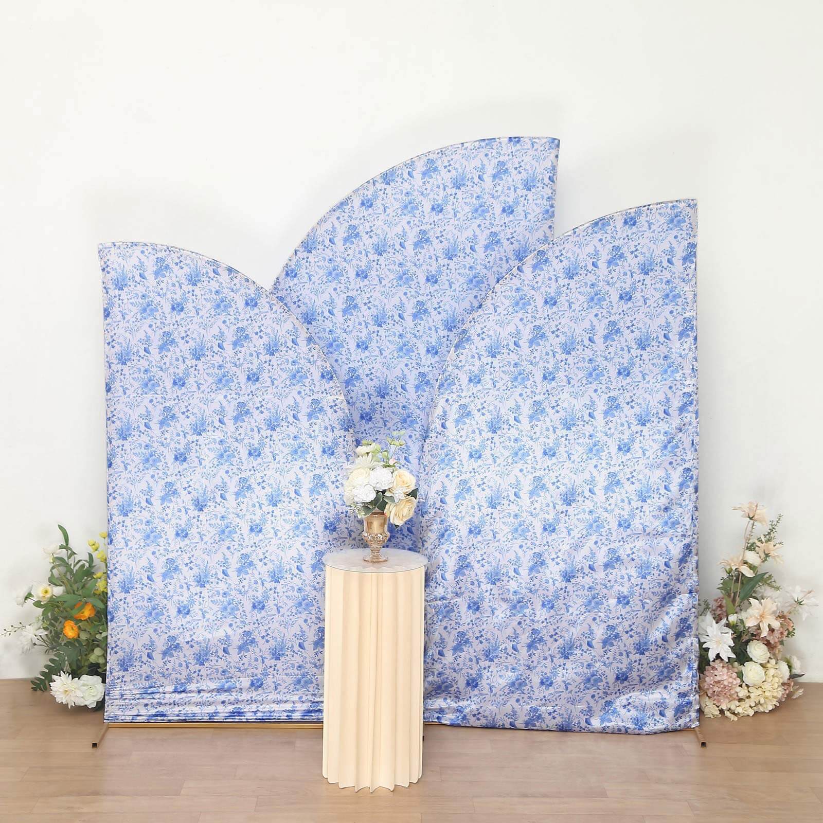 Set of 3 White Blue Satin Chiara Wedding Arch Covers in French Toile Floral Pattern, Fitted Covers For Half Moon Backdrop Stands - 5ft, 6ft, 7ft
