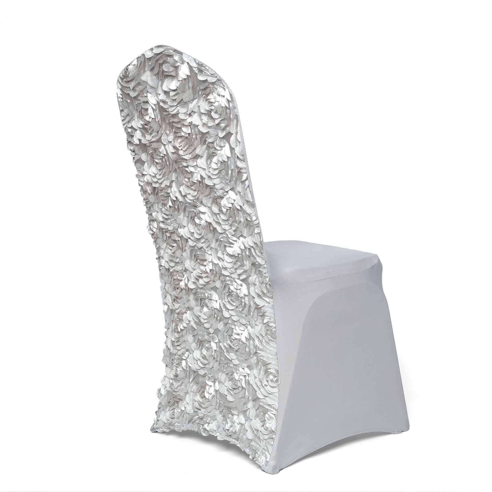Satin Rosette Chair Cover for Banquet Chairs Silver - Stretch Fitted Slip-On Slipcover