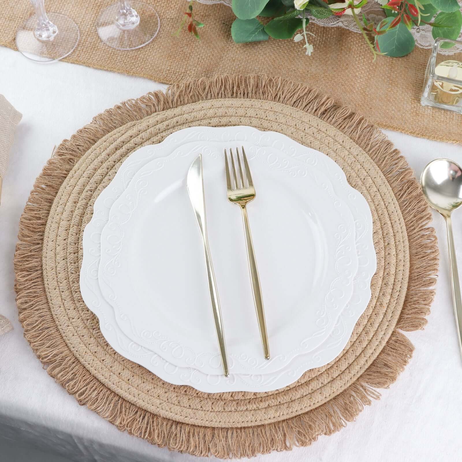 4-Pack Placemats Fringed Edge Design Natural Rustic Burlap Jute Round - Farmhouse Style Table Mats with Trim 15"