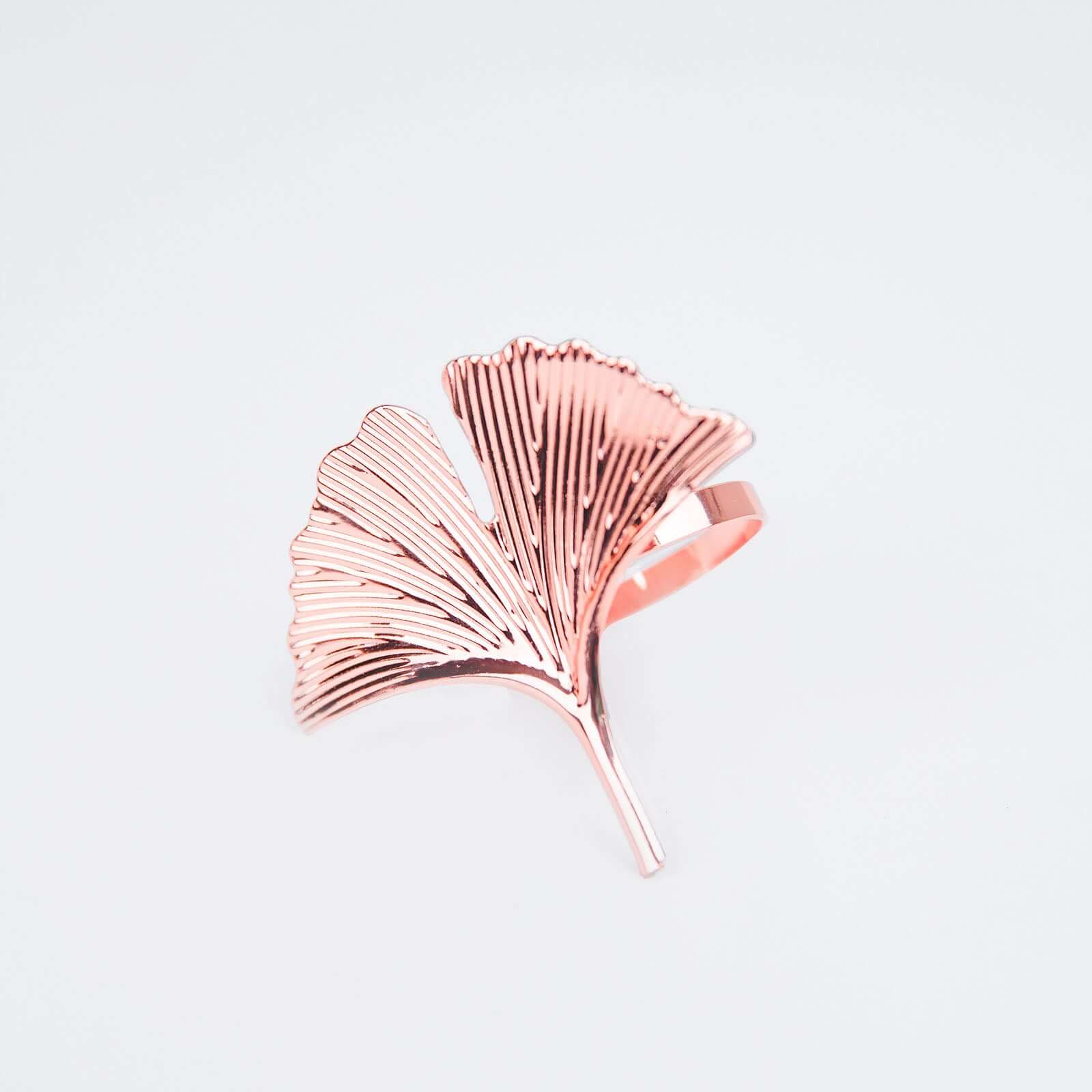 4 Pack Metallic Rose Gold Ginkgo Leaf Napkin Rings, Ornate Design Linen Napkin Holders