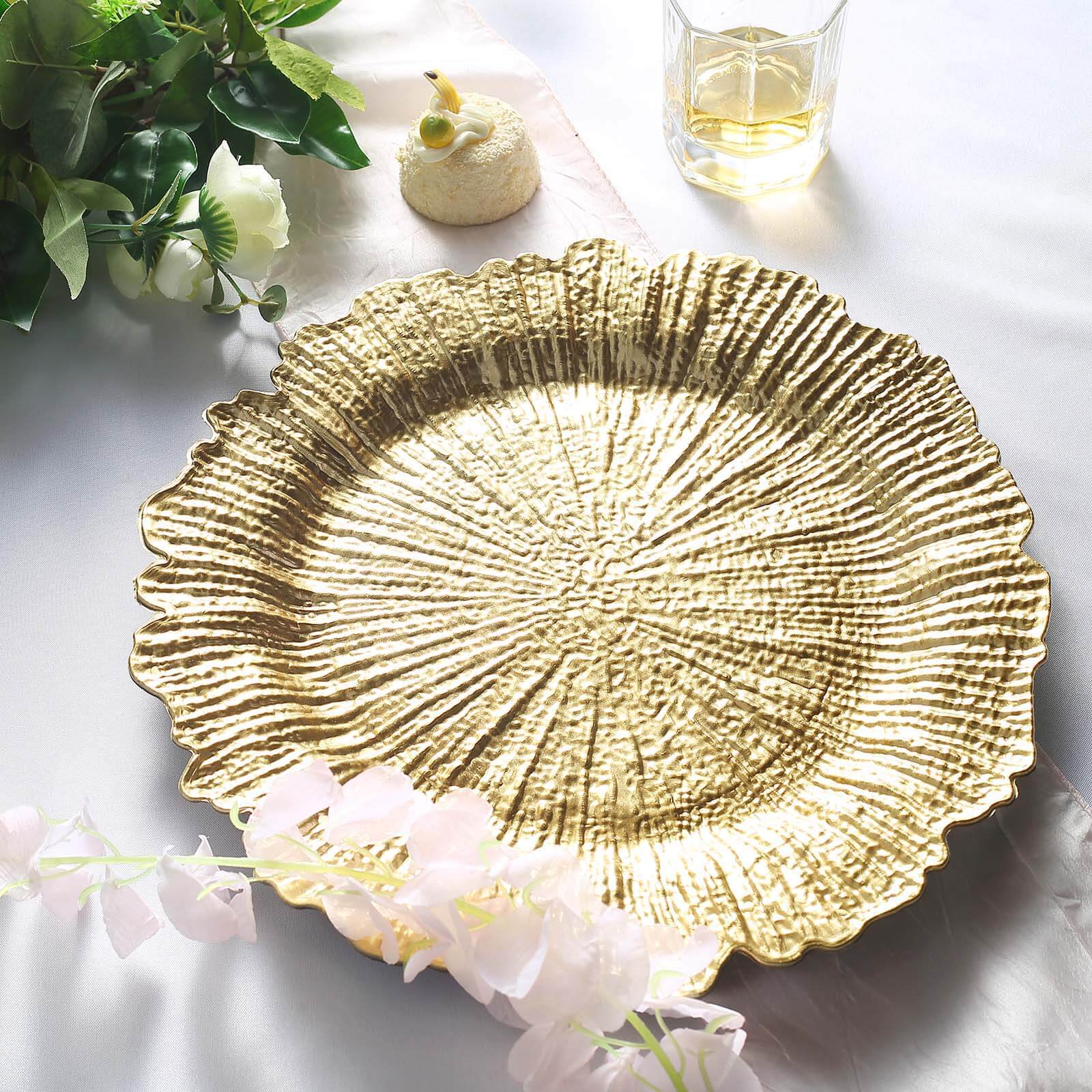 6-Pack Acrylic Plastic Round Charger Plates 13" in Gold with Reef Design, Classy Dinner Party Charger Tableware