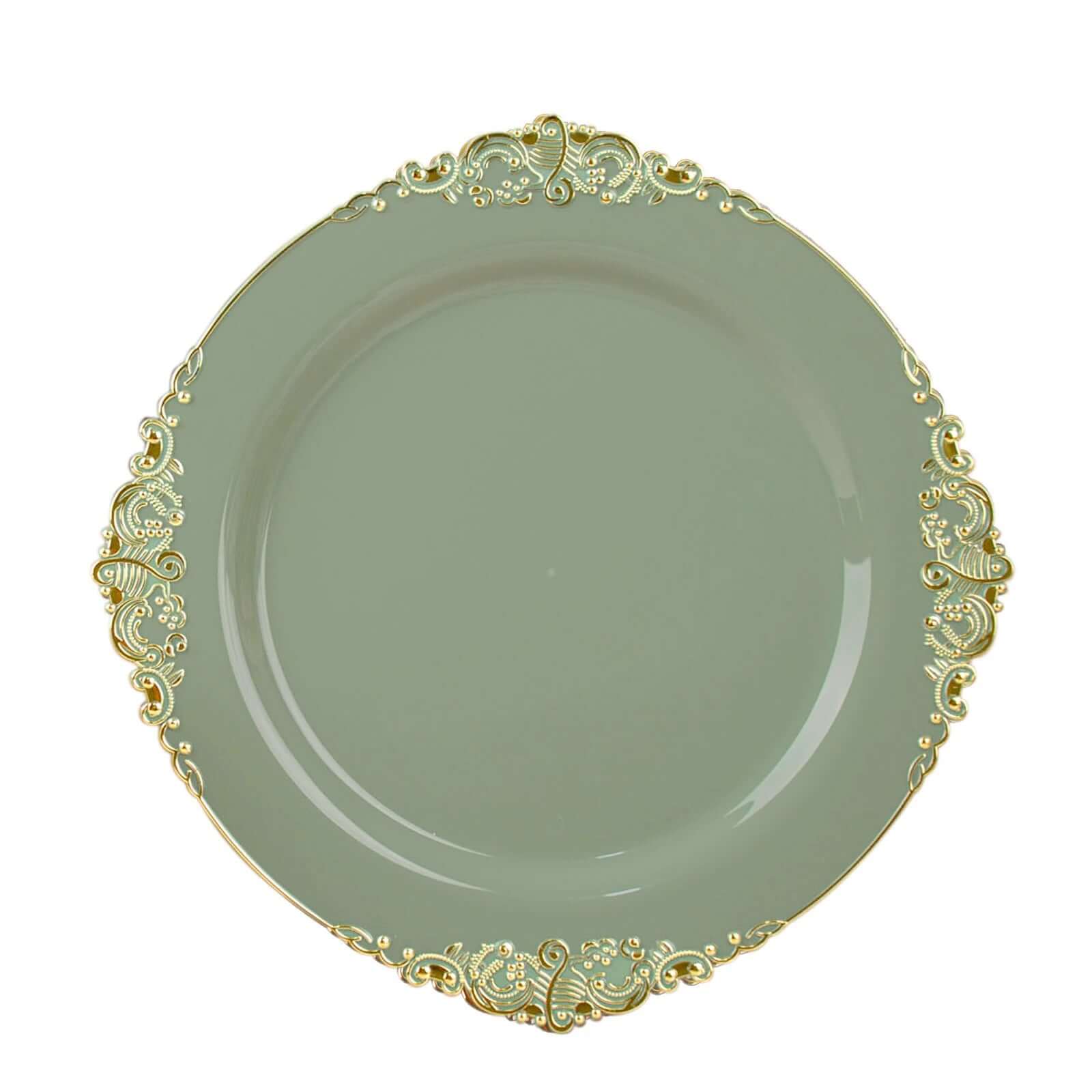 10-Pack Plastic 8" Round Dessert Plates in Dusty Sage Green with Gold Leaf Embossed Rim - Disposable Vintage Baroque Style Salad Plates