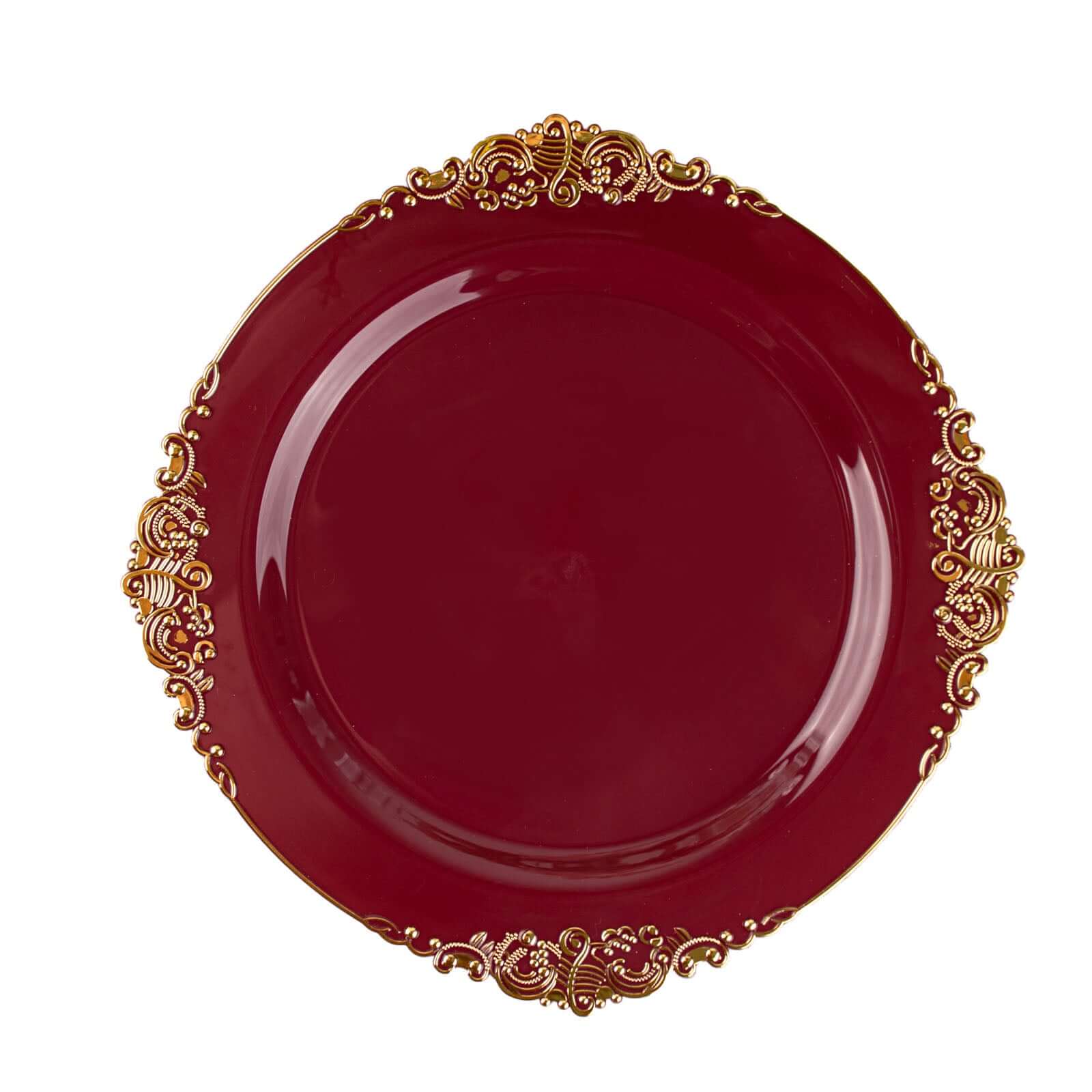 10-Pack Plastic 8" Round Dessert Plates in Burgundy with Gold Leaf Embossed Rim - Disposable Vintage Baroque Style Salad Plates for Luxurious Gatherings & Events