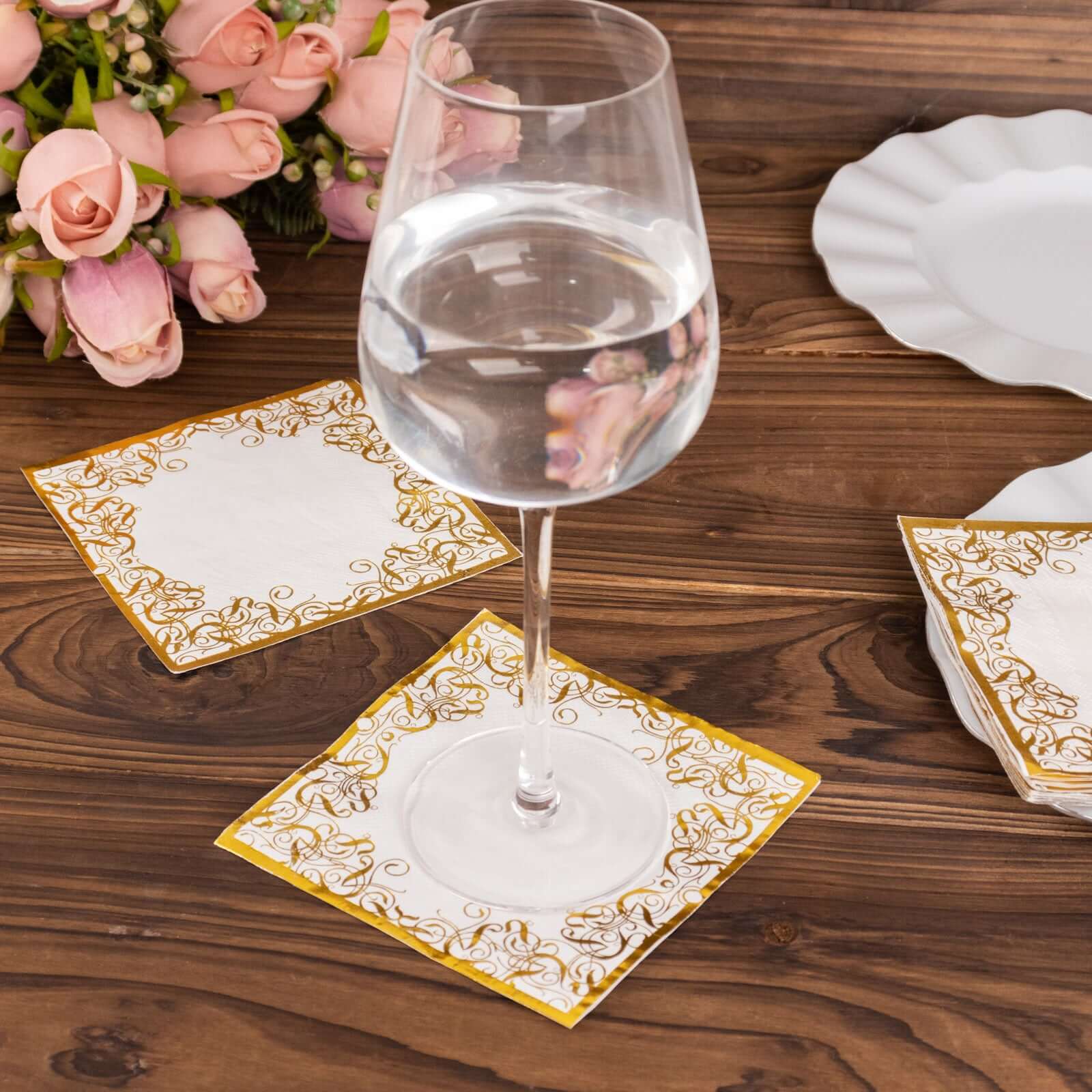 20-Pack Paper Beverage Napkins with Gold Foil Lace Design White - 3 Ply Disposable 18GSM European Style Cocktail Napkins 5"x5"
