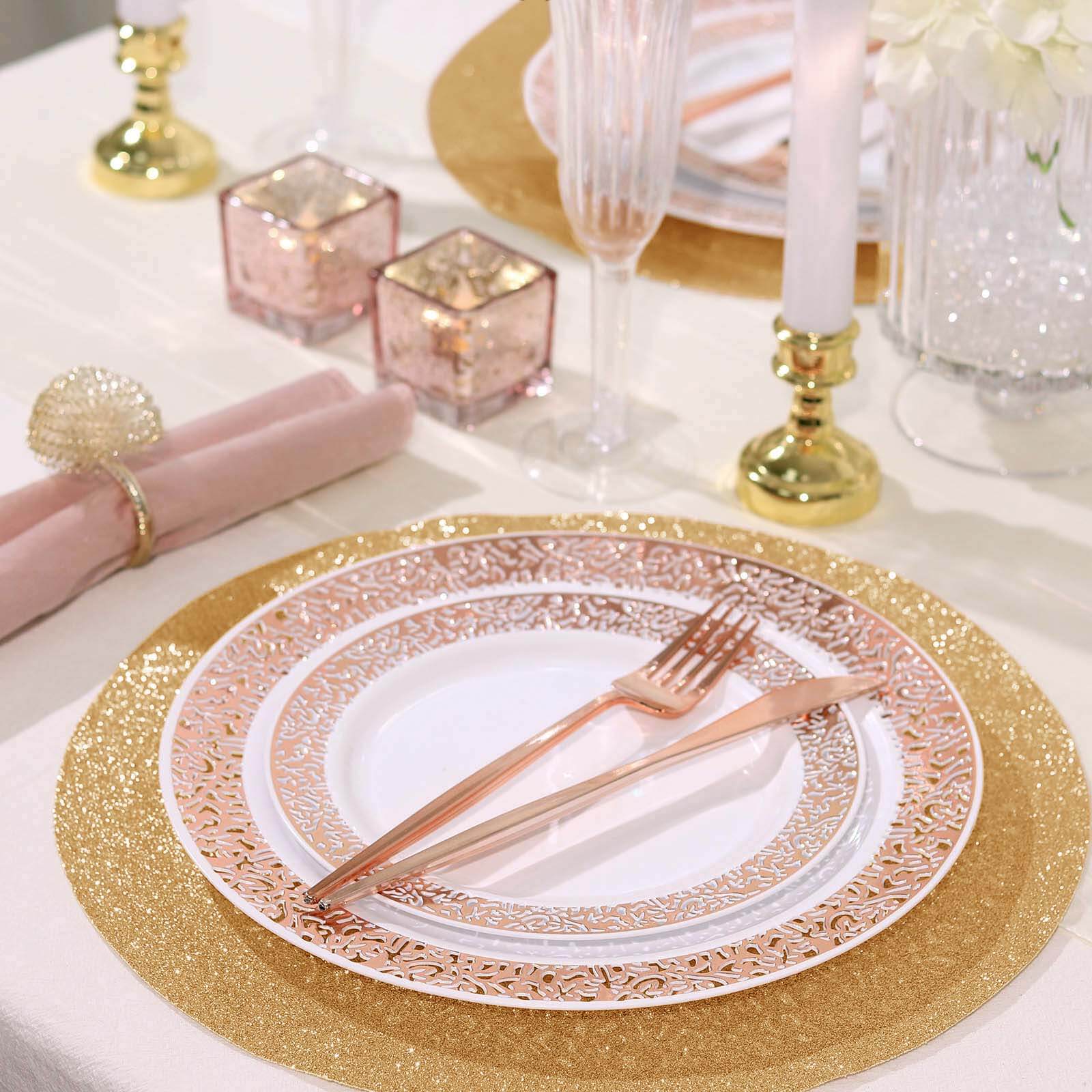 6-Pack Placemats Glitter Design Champagne Sparkle Round - Non-Slip Decorative Dining Table Mats 13"