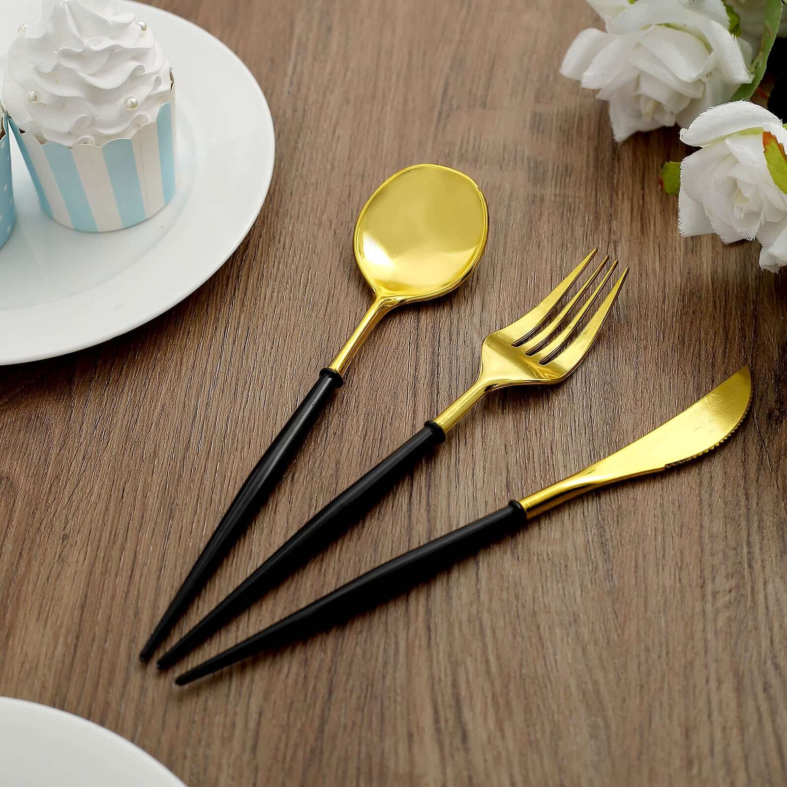 24-Pack Plastic Flatware Set in Metallic Gold with Black Handle - Heavy Duty Disposable Modern Silverware 8"