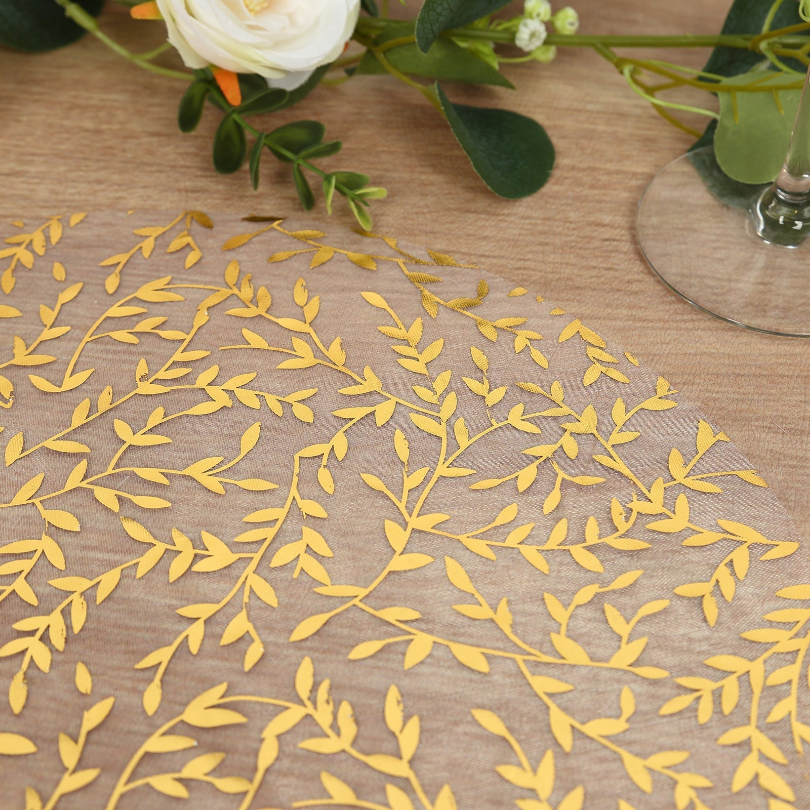 10-Pack Table Placemats Gold Foil Leaf Vine Design White Round - Organza Disposable Floral Mats 13"