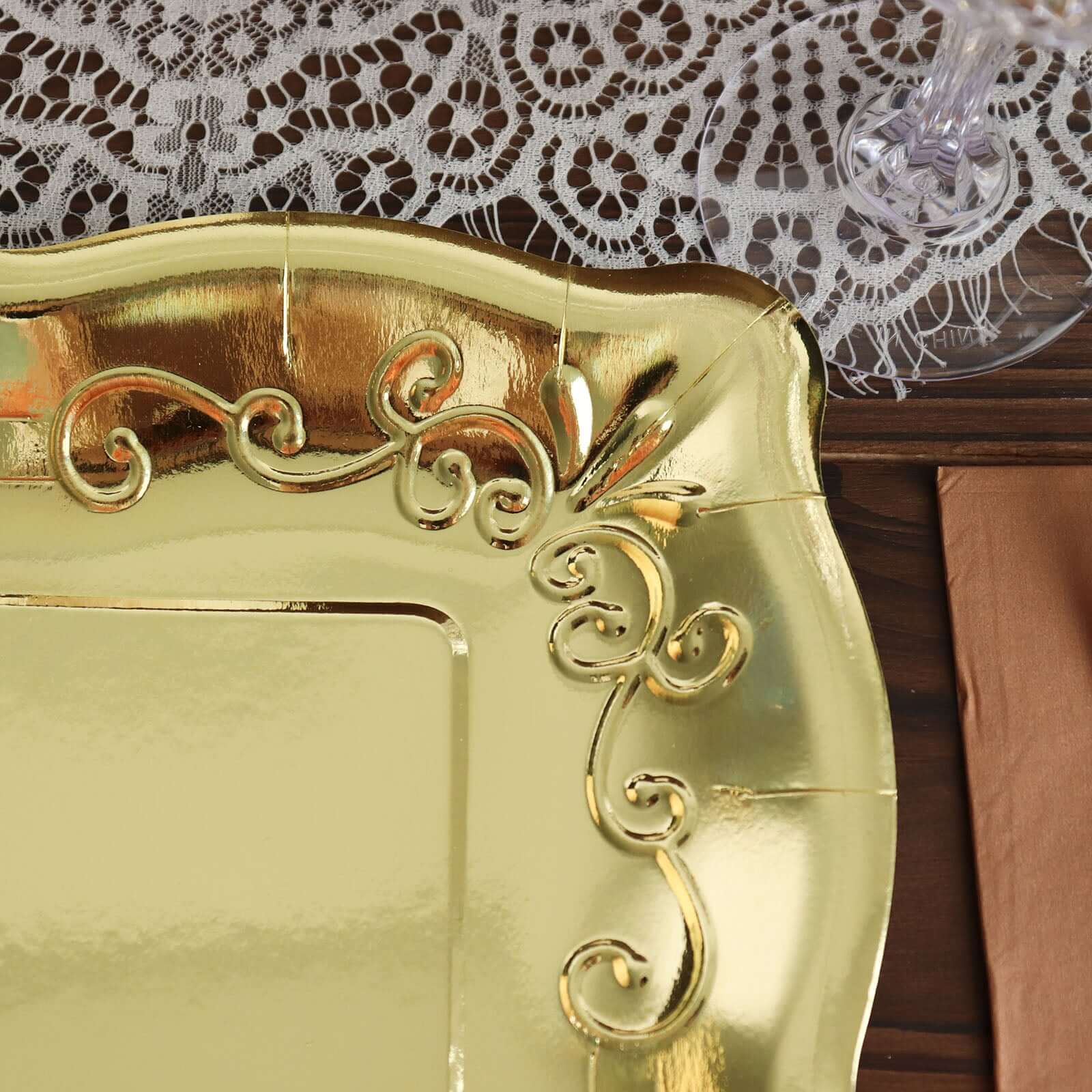 25-Pack Paper 11" Square Dinner Plates in Gold with Vintage Pottery Embossed Design - Shiny Metallic Disposable Serving Plates for Glamorous Dinners & Events