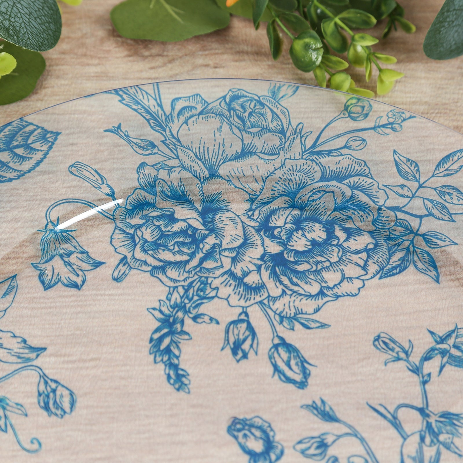 6 Pack Round Floral Acrylic Charger Plates in French Toile Pattern, 13" Clear Light Blue Dinner Charger Event Tabletop Decor