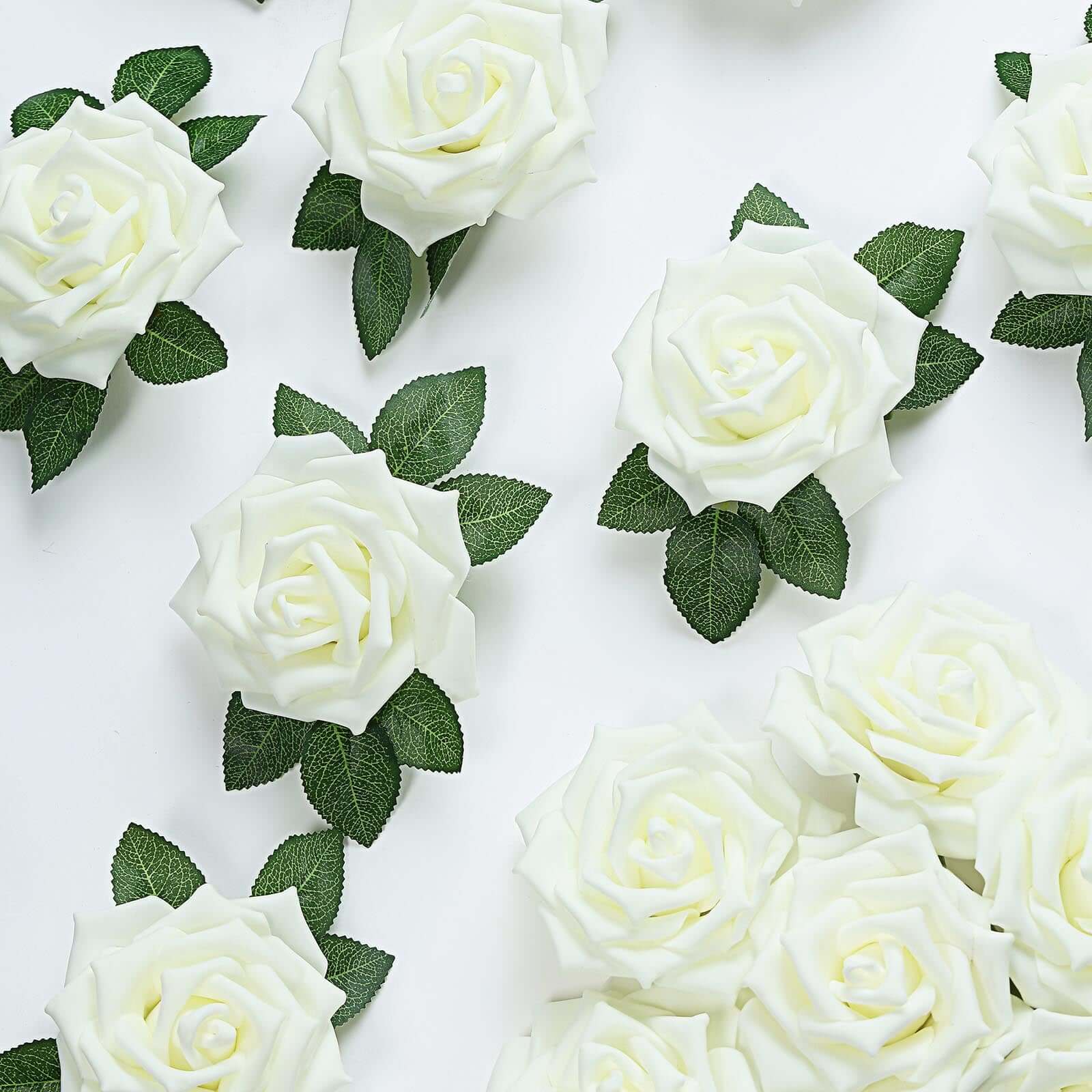 24 Roses 5" Ivory Artificial Foam Flowers With Stem Wire and Leaves