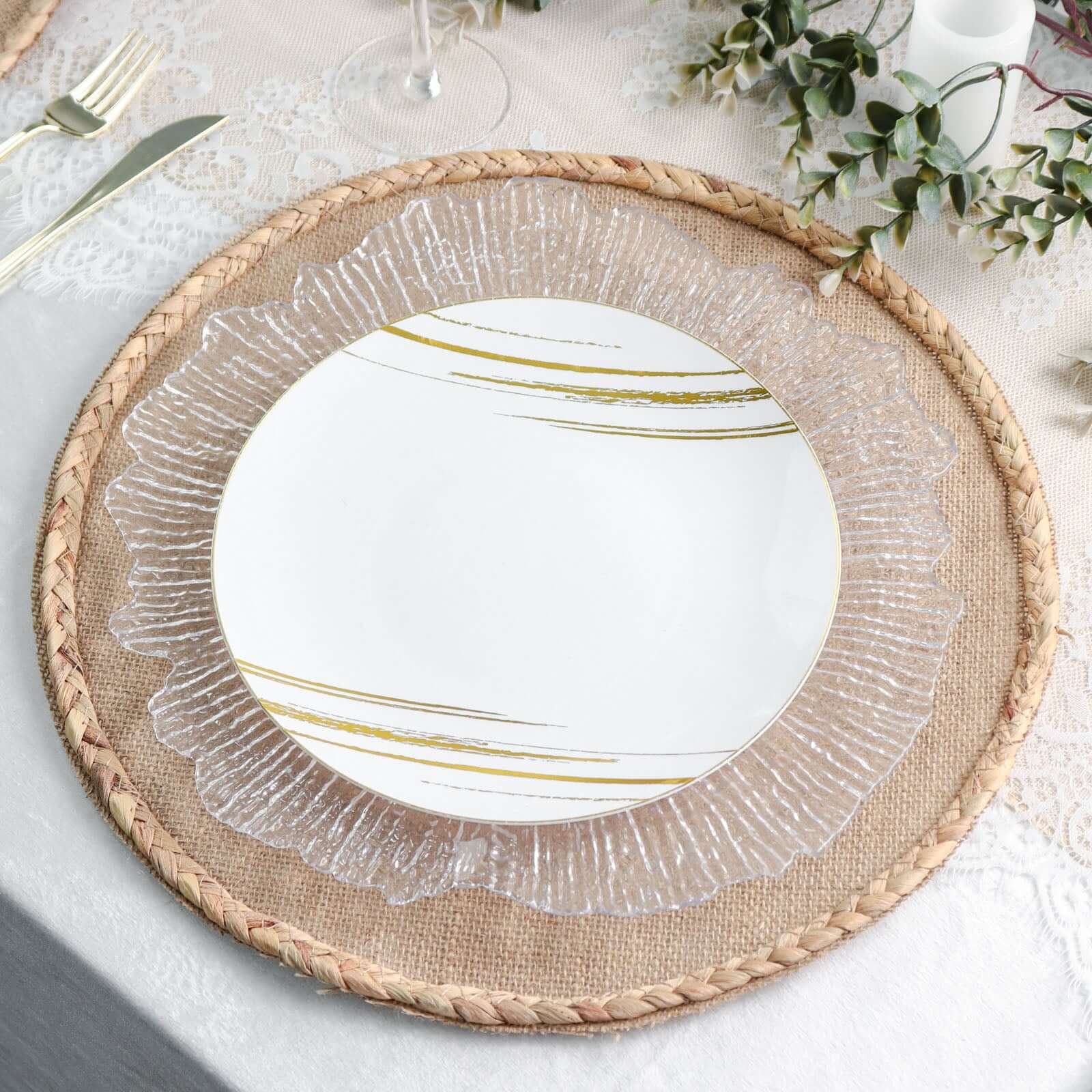 4-Pack Placemats Braided Edge Design Natural Burlap Jute Round - Rustic Farmhouse Style with Trim 15"
