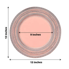 6-Pack Acrylic Round Charger Plates 13" in Rose Gold with Lace Embossed Rim, Rustic Plastic Decorative Charger Tableware