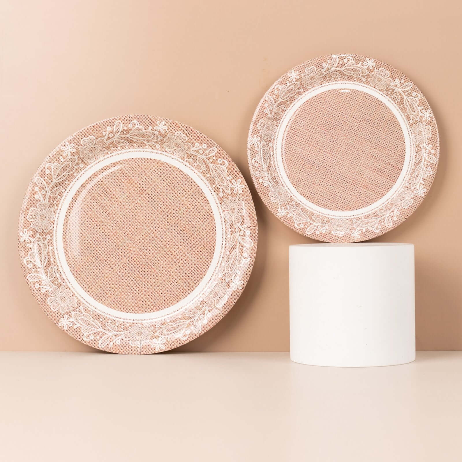 25-Pack Paper 9" Round Dinner Plates in Natural Burlap Print with White Floral Lace Rim - Rustic Farmhouse Inspired Disposable Party Plates