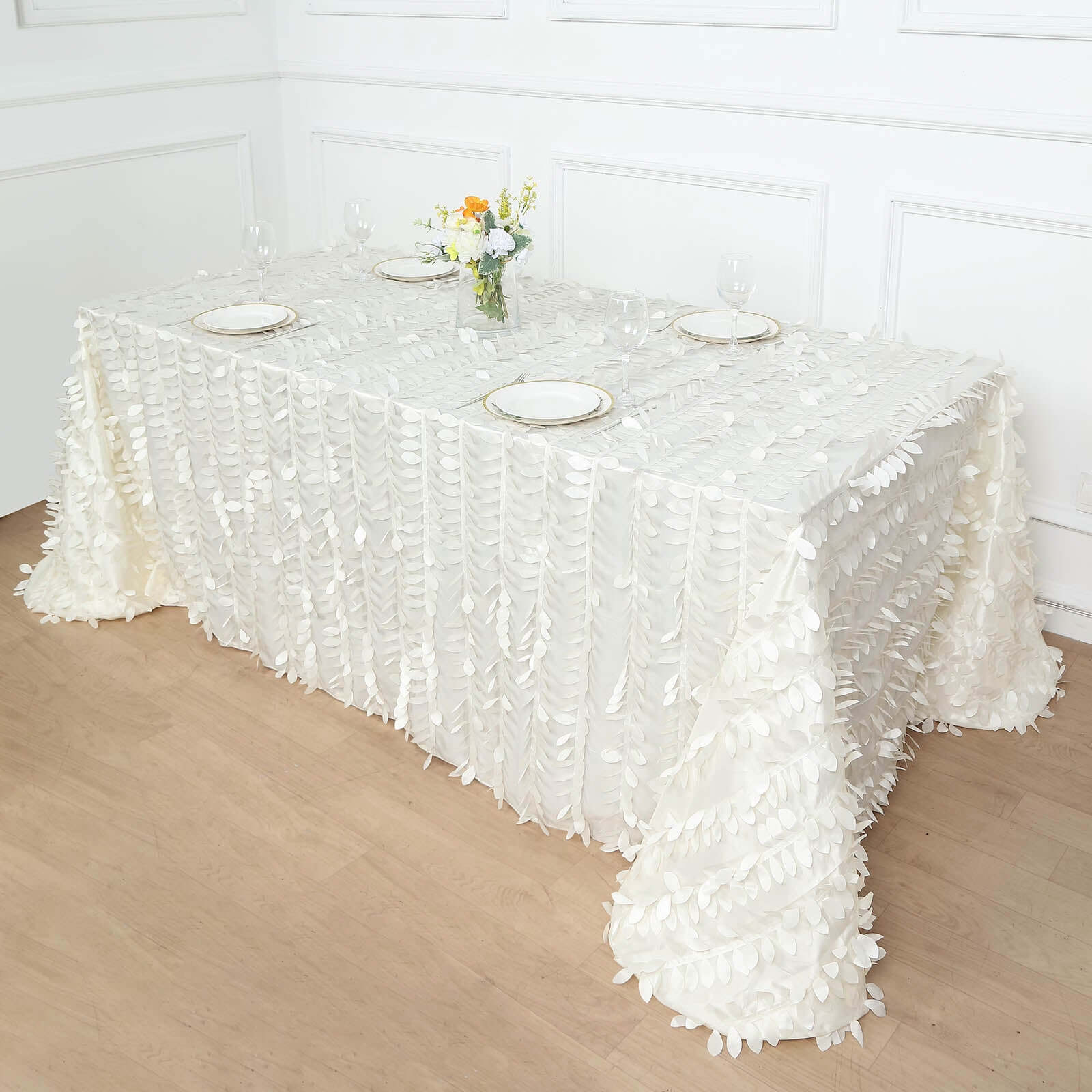 Taffeta 90"x156" Rectangle Tablecloth Ivory | 3D Leaf Petal Design Seamless Table Cover