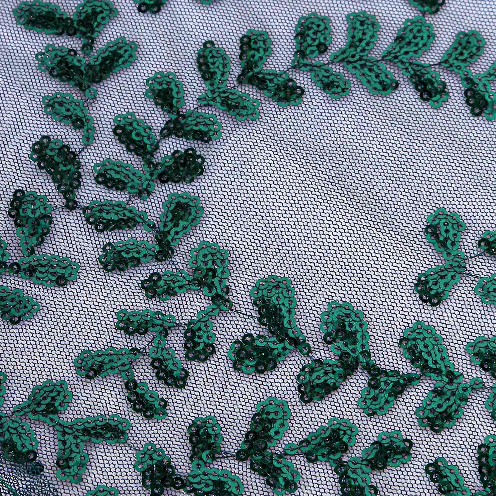 Tulle 90"x156" Rectangle Tablecloth Hunter Emerald Green - Sequin Leaf Embroidered Table Cover