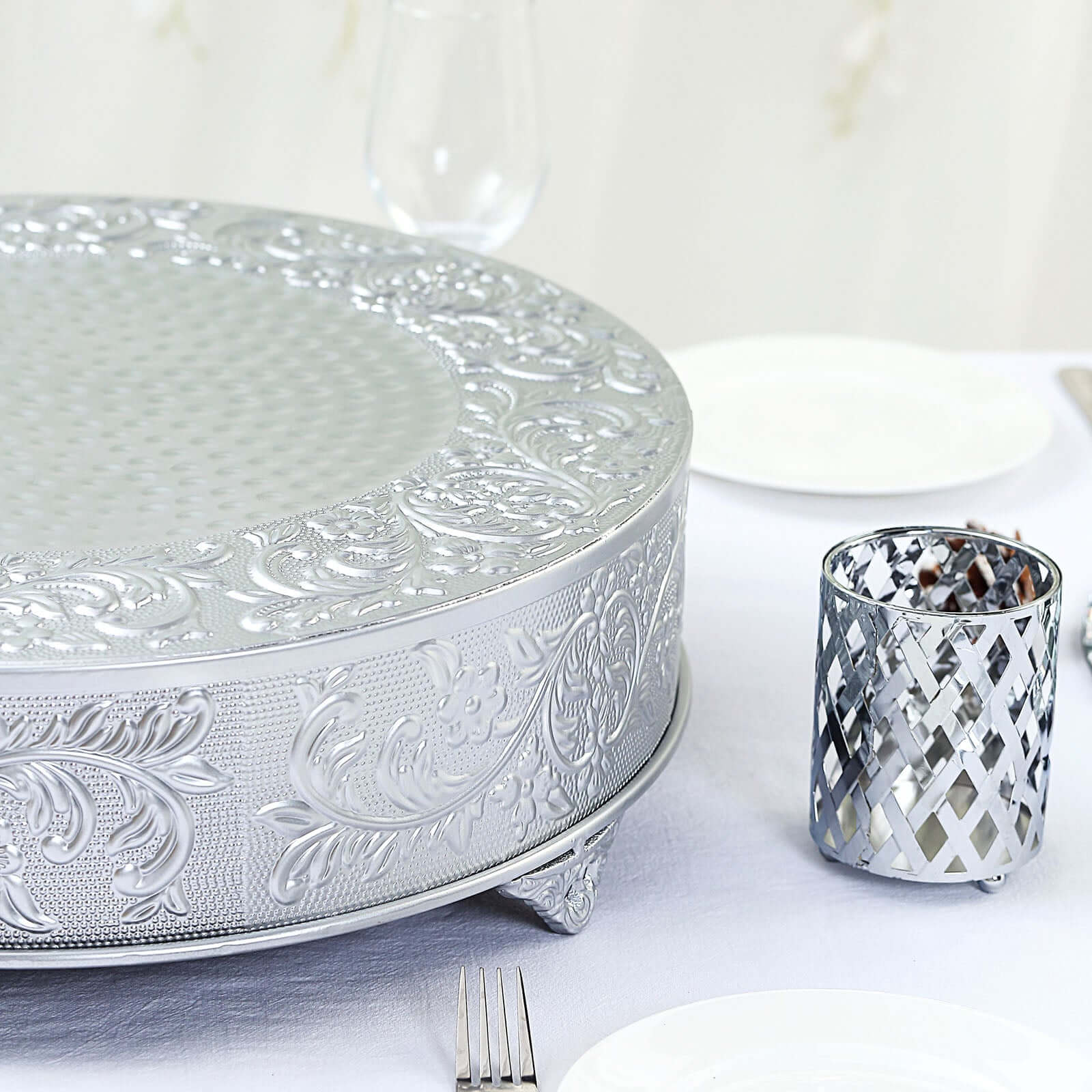 Metal 18" Round Cake Pedestal Stand Matte Silver - Cupcake Dessert Display Riser with Intricate Embossed Design for Upscale Events & Gatherings