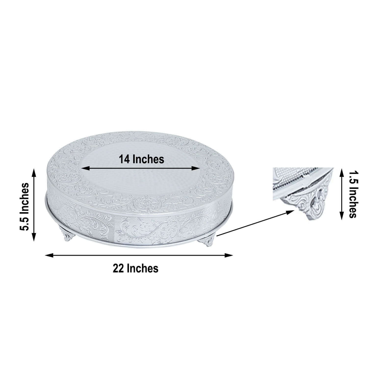 Metal 22" Round Cake Pedestal Stand Matte Silver - Cupcake Dessert Display Riser with Intricate Embossed Design for Upscale Events & Gatherings