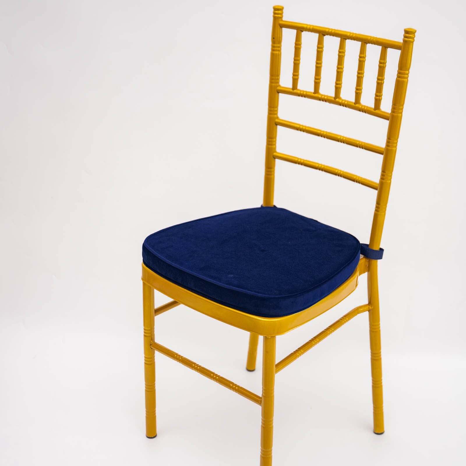 Velvet Chair Cushion with 2" Thick Memory Foam and Ties Navy Blue - Removable Cover for Chiavari Chairs