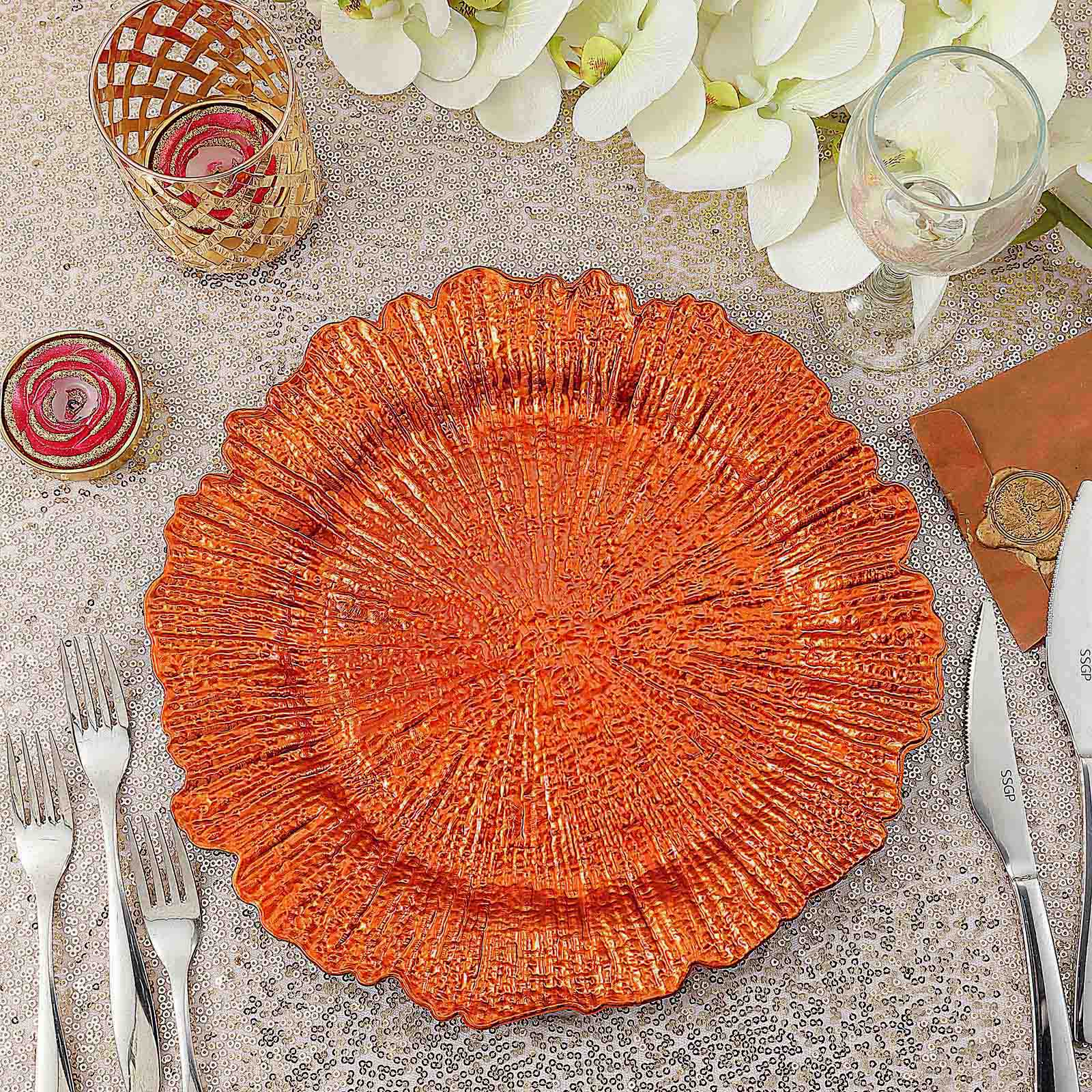 6-Pack Acrylic Plastic Round Charger Plates 13" in Orange with Reef Design, Dinner Charger Tableware