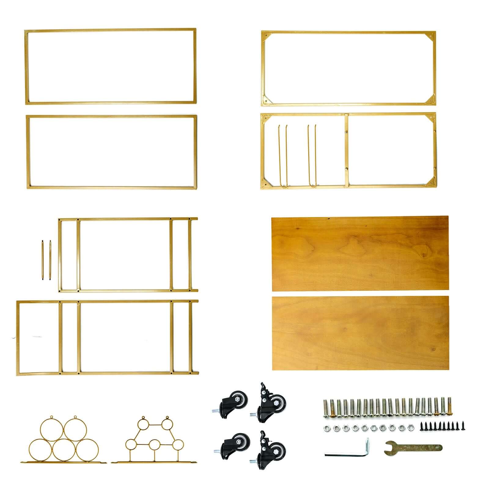 Gold Metal Bar Cart with Wooden Serving Trays 2-Tier - Wine Rack Holds 5 Bottles and 2 Glasses for Events 3ft