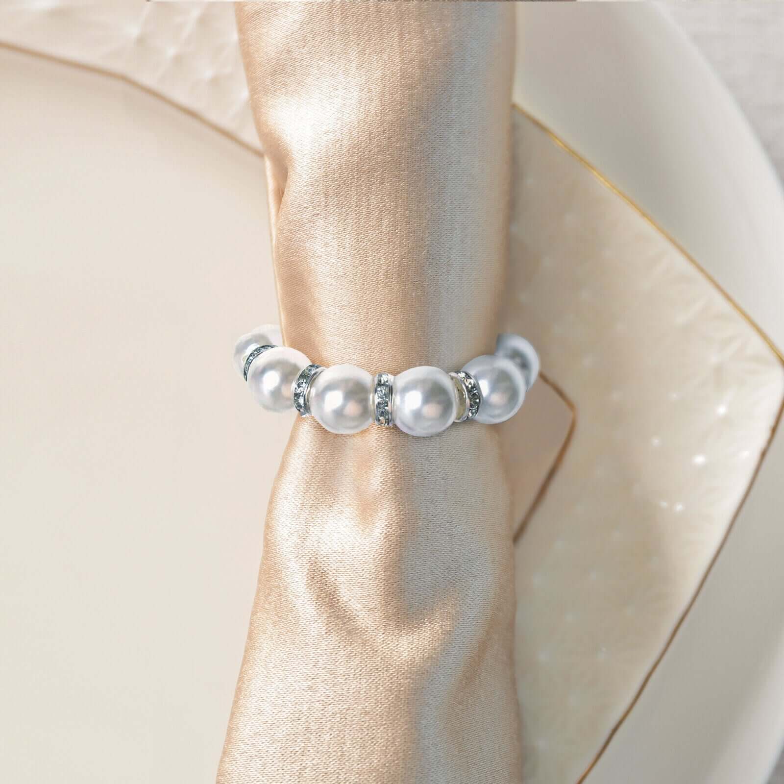 4 Pack 1.5" White Pearl Beads and Silver Rhinestone Napkin Rings, Elegant Round Serviette Buckle Napkin Holders