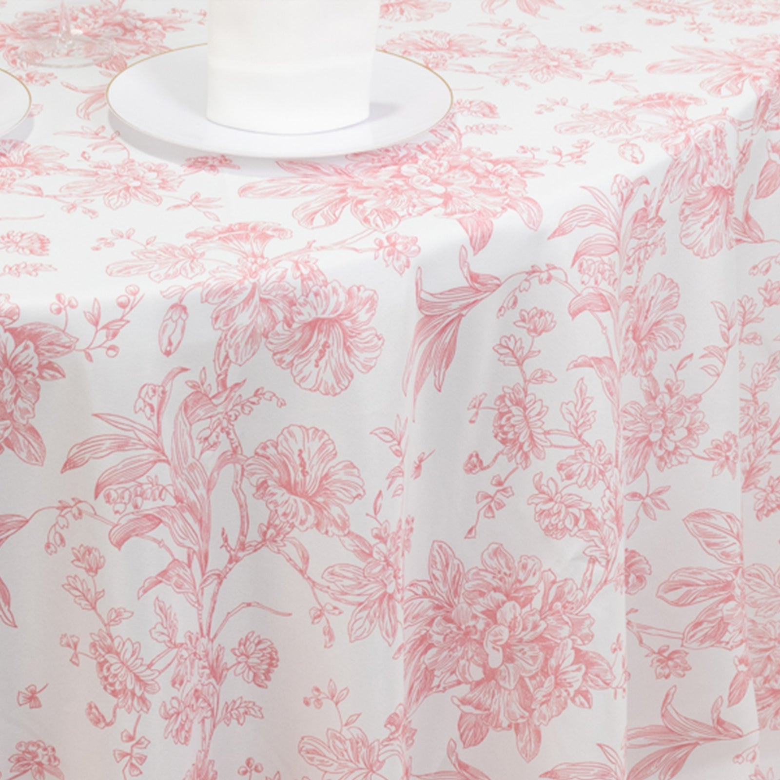 Polyester 120" Round Tablecloth White - Pink French Toile Pattern for Stylish Events