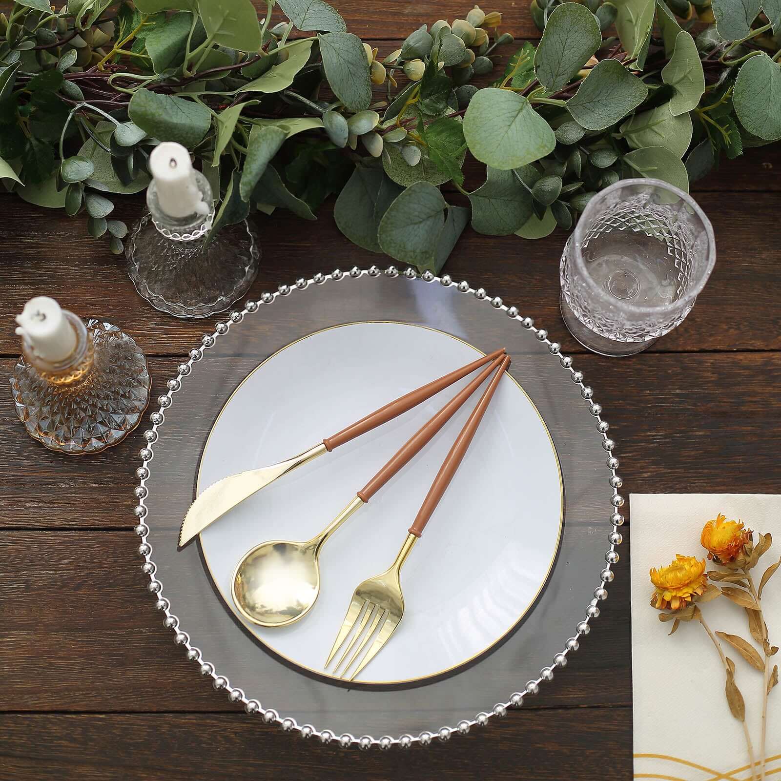 24-Pack Plastic Flatware Set in Metallic Gold with Brown Handle - Heavy Duty Disposable Modern Silverware 8"