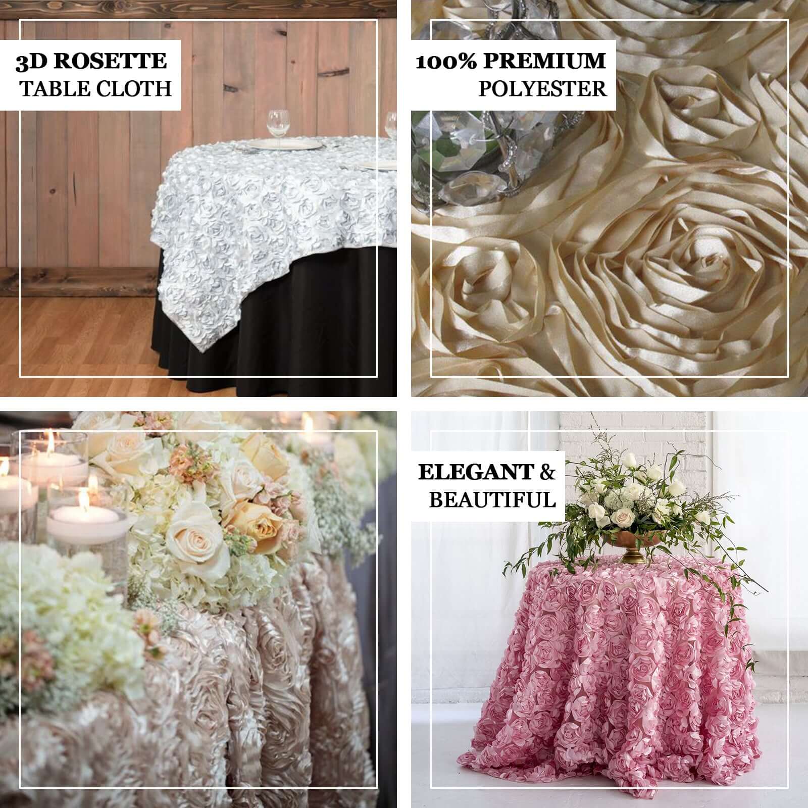 Satin 72"x72" Table Overlay Square Tablecloth Beige - 3D Rosette Table Cover