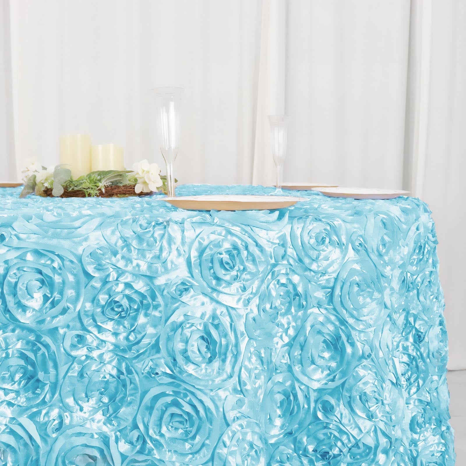 Satin 120" Round Tablecloth Light Blue - Grandiose 3D Rosette with Seamless Finish Table Cover