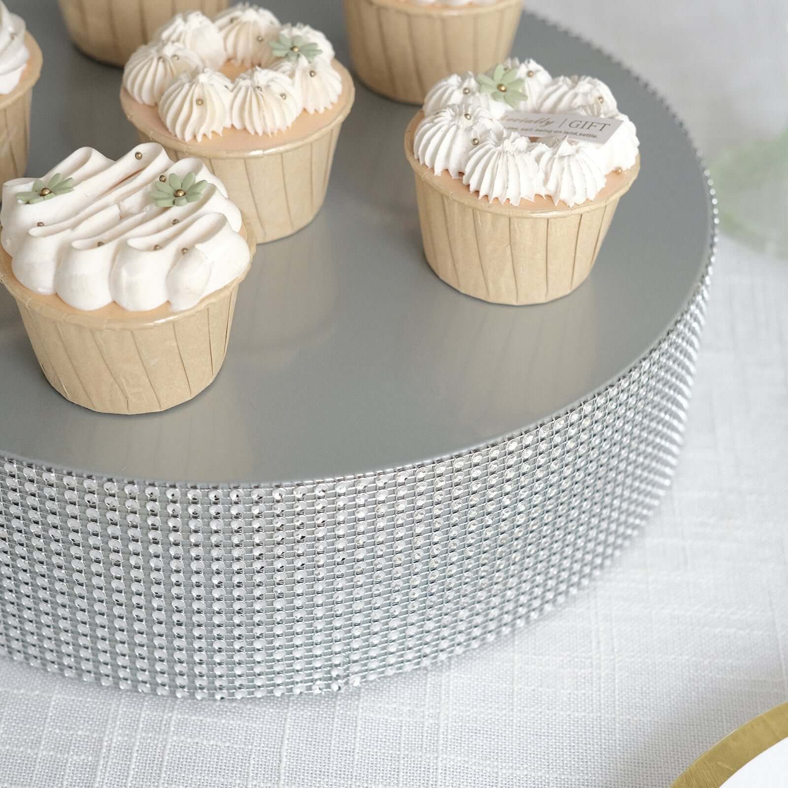 Metal Pedestal Cake Stand Round Design with Rhinestones Silver - Cupcake Holder and Dessert Table Centerpiece 12"