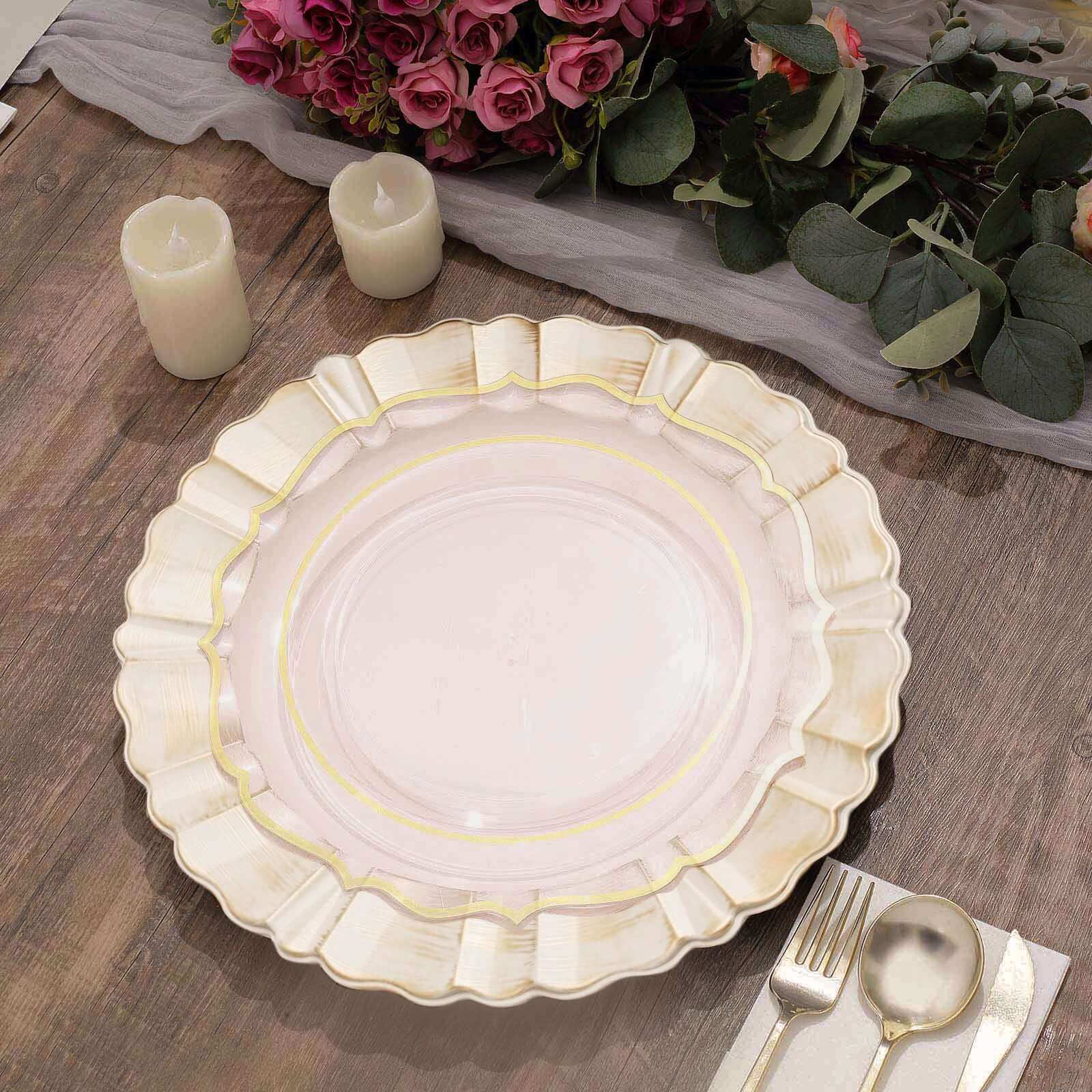 6-Pack Acrylic Plastic Round Charger Plates 13" in Beige with Gold Brushed Wavy Scalloped Rim, Decorative Dinner Party Charger Tableware