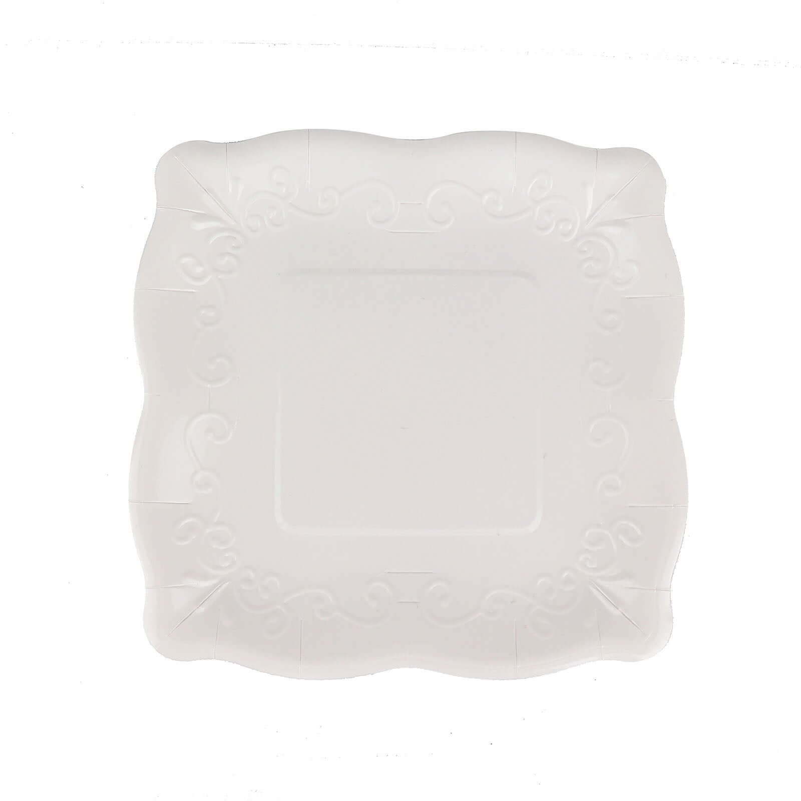 25-Pack Paper 7" Square Dessert Plates in White with Vintage Pottery Embossed Design - Shiny Disposable Appetizer Plates