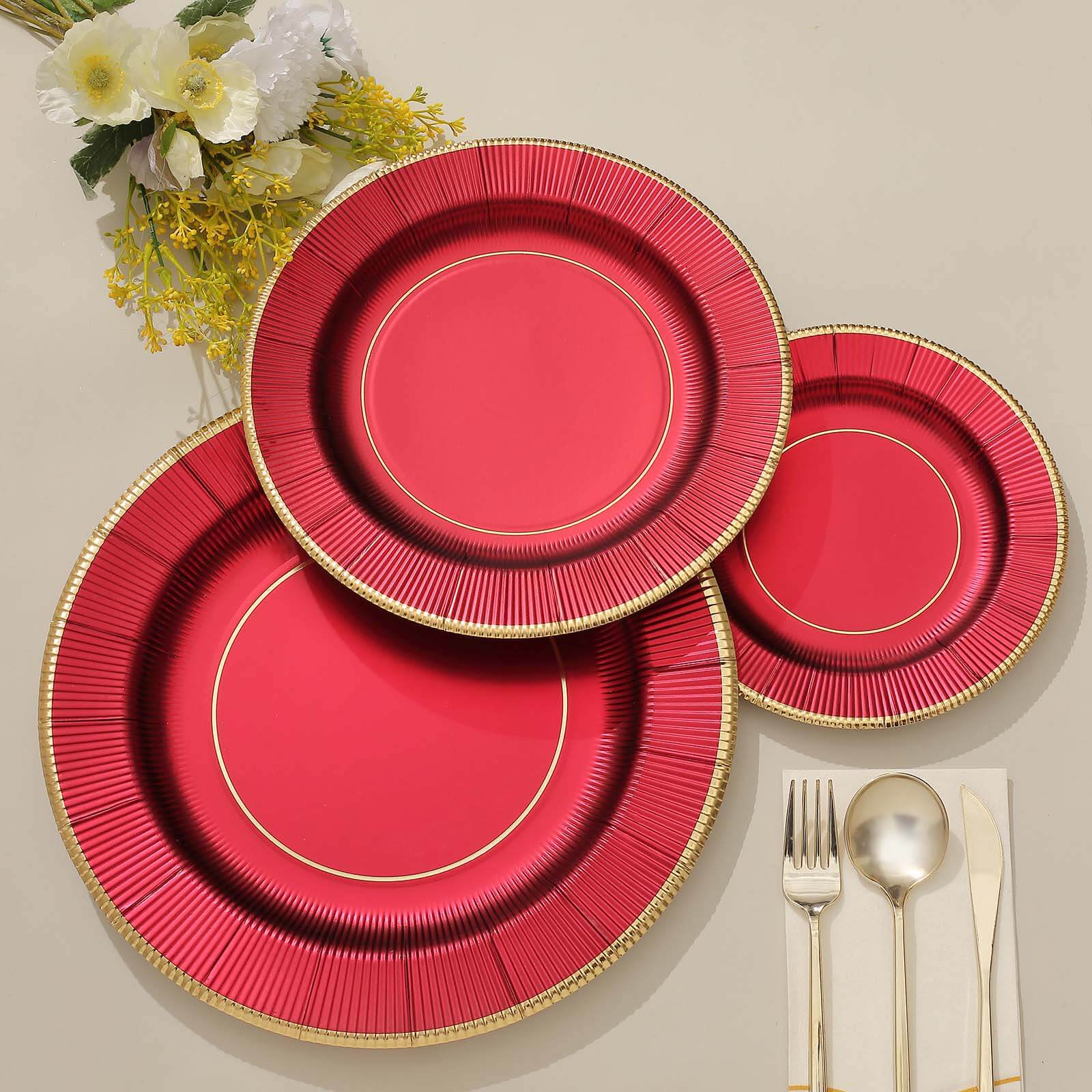 25-Pack Disposable Round Charger Plates in Burgundy Sunray Design with Gold Rim - 350GSM Heavy Duty Paper Chargers 13"