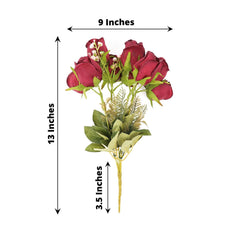3 Pack 13" Burgundy Real Touch Silk Rose Bud Flower Bridal Bouquets, Artificial Floral Bush Arrangements