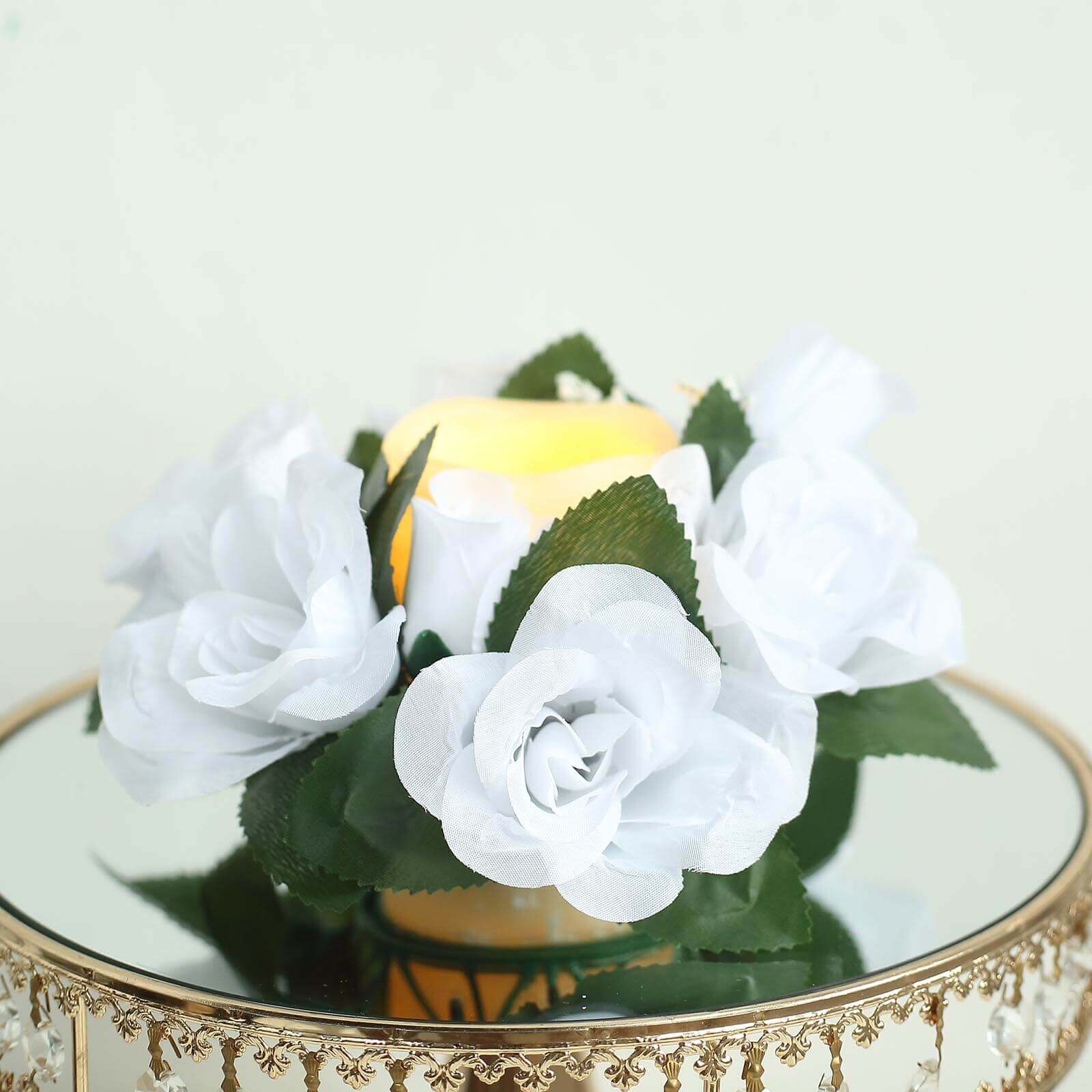 4 Pack 3" White Artificial Silk Rose Flower Candle Ring Wreaths