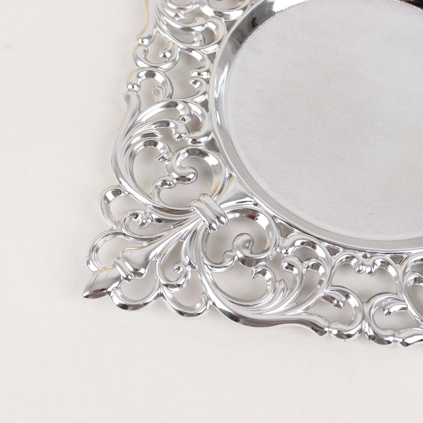 6-Pack Acrylic Square Charger Plates 12" in Silver with Hollow Lace Border, Event Tabletop Decorative Charger Tableware